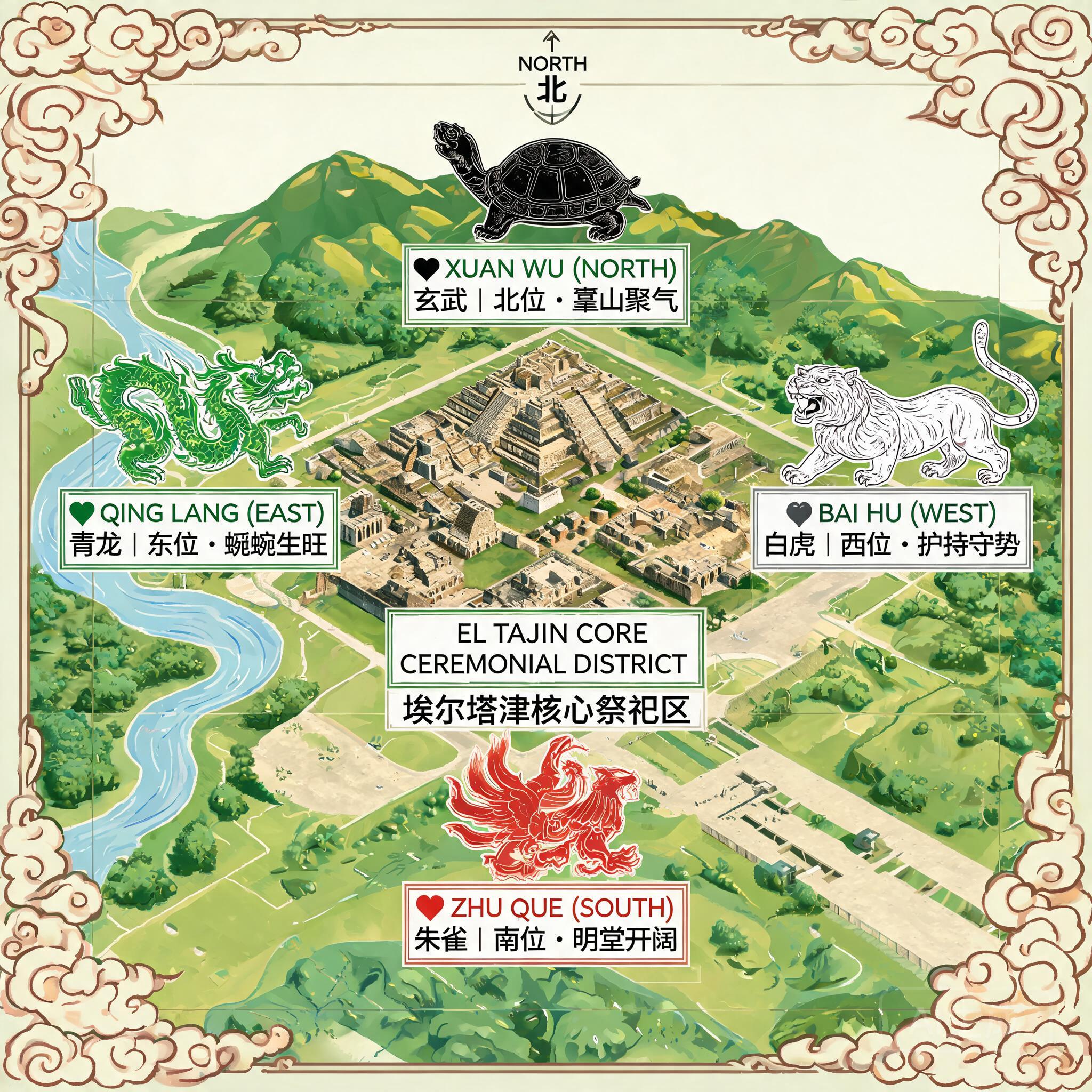 Overhead map of El Tajin&rsquo;s core ceremonial district, marked with directional labels showing the four celestial animal landform positions relative to the site