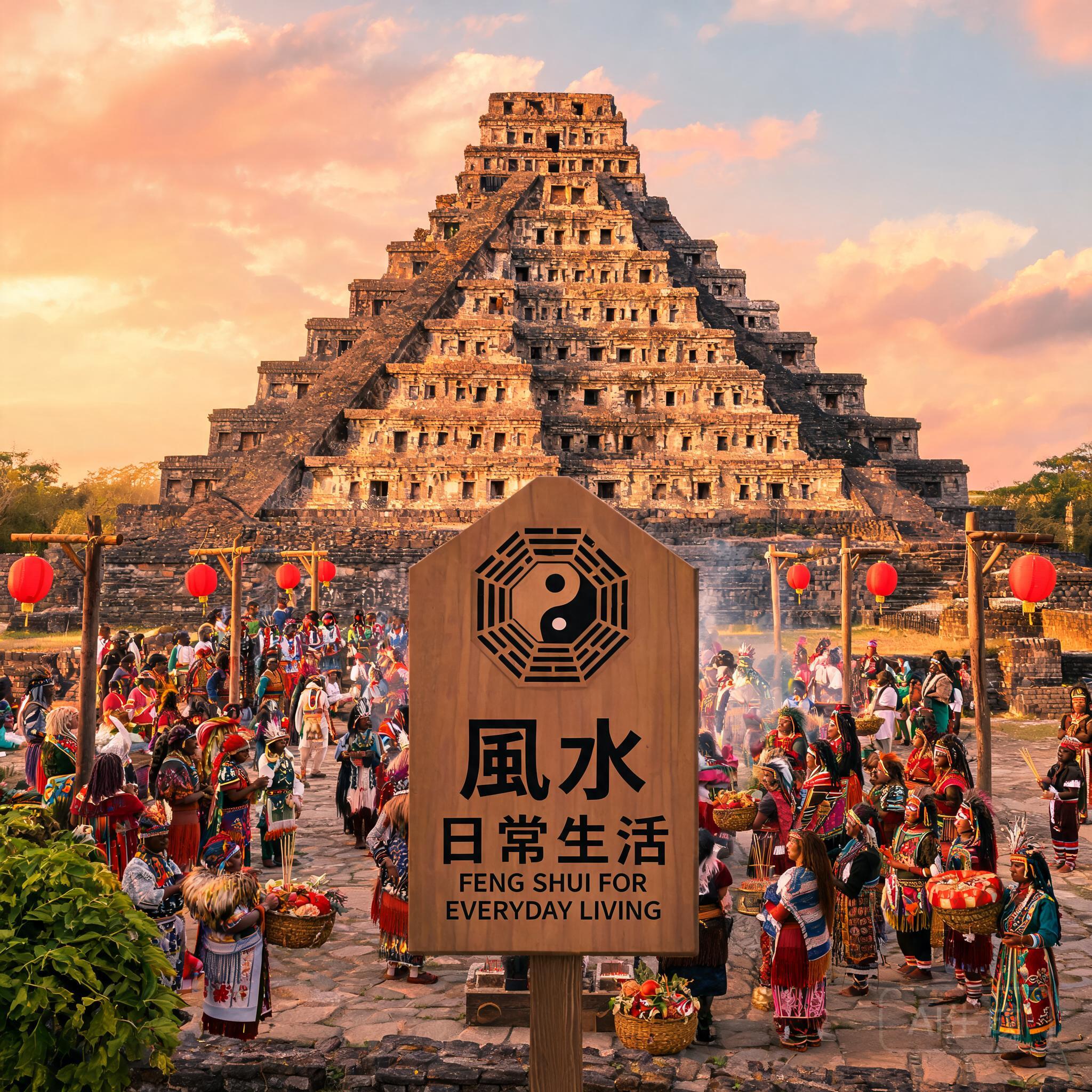 Shot of El Tajin&rsquo;s central plaza during a modern Totonac solstice ceremony, with participants gathered around the base of the Pyramid of the Niches