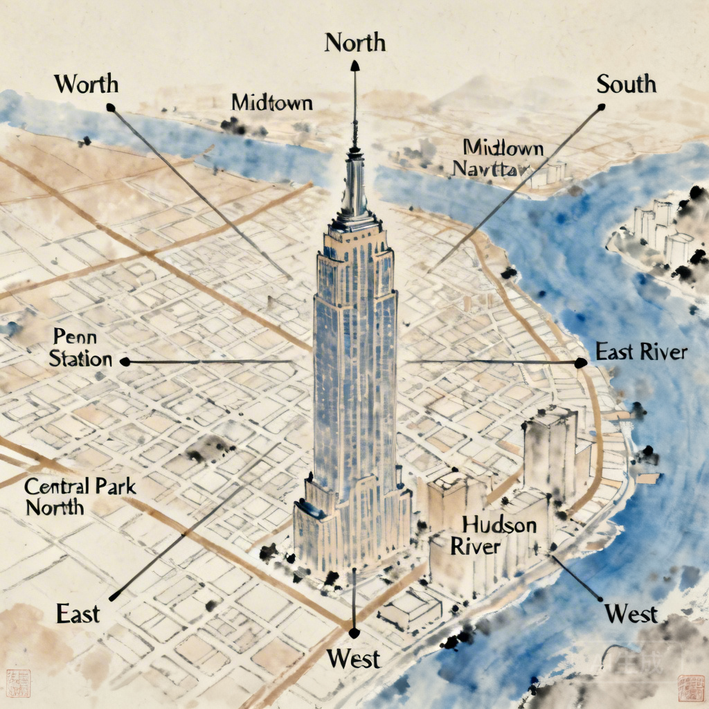 Labeled map of the Empire State Building’s Midtown Manhattan location showing cardinal directions, adjacent roads, and key nearby landmarks including Penn Station, Central Park, and the East and Hudson Rivers