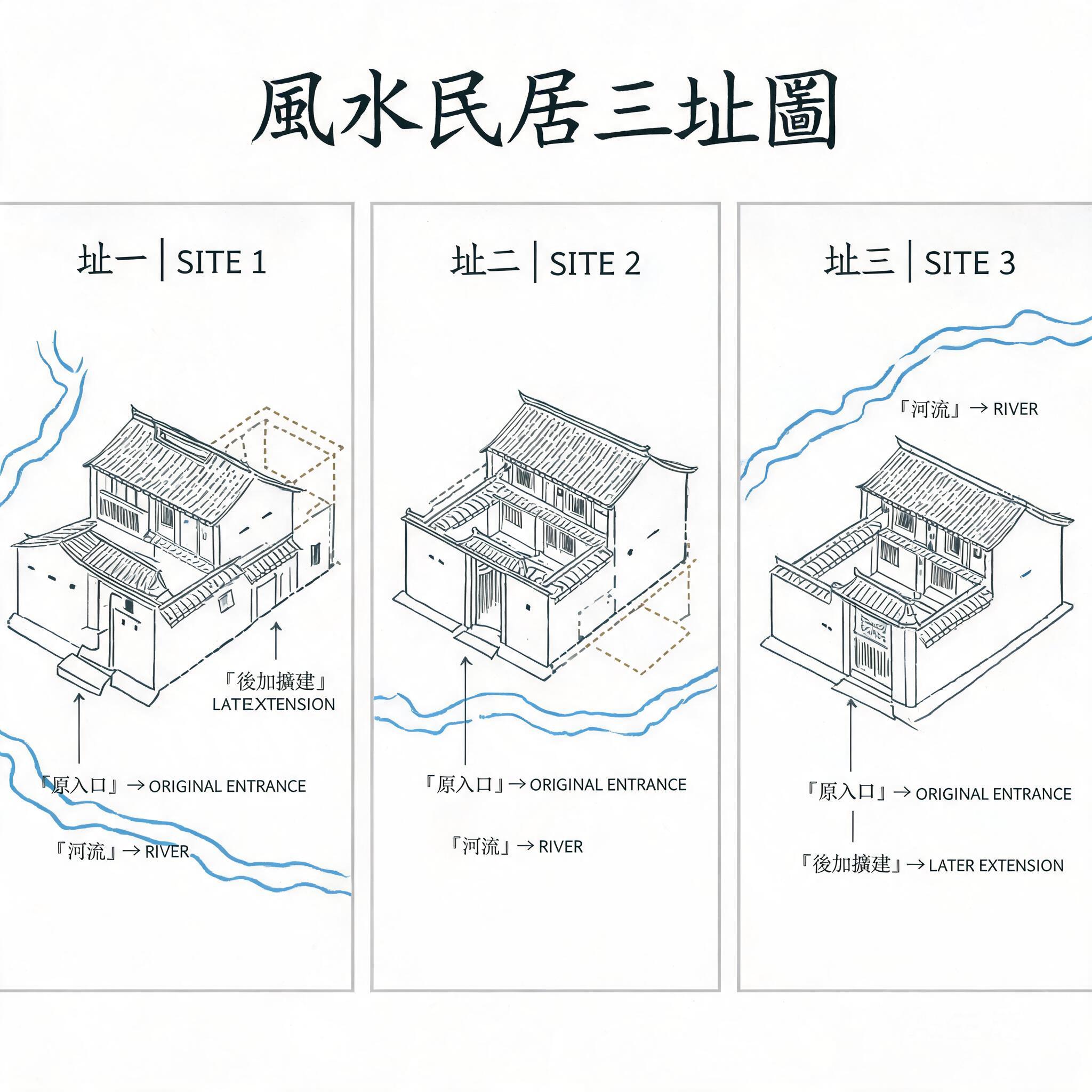 Side-by-side layout maps of the three sites, marking original entrances, later extensions, and river proximity
