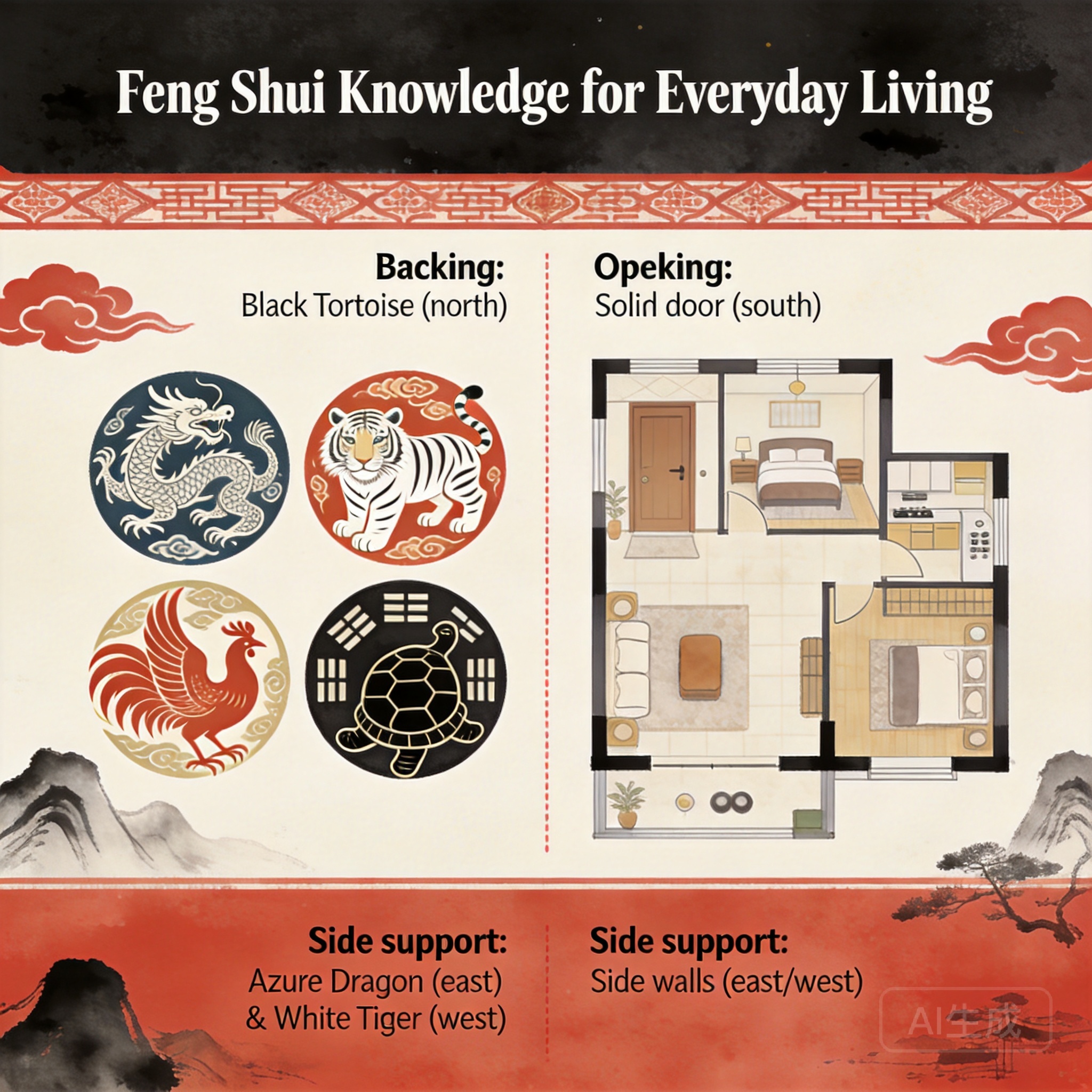 Infographic comparing the Canterbury site’s four celestial animals pattern to a typical home layout, with clear labels for backing, opening, and side support