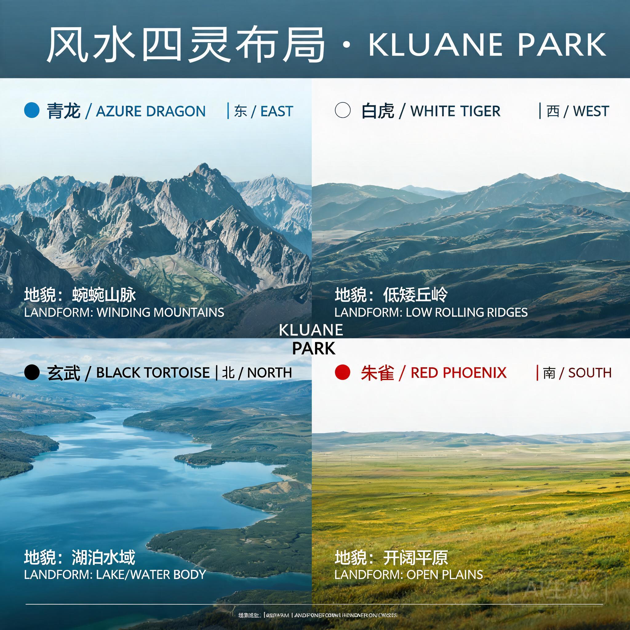四靈風水架構對照克魯恩公園系統地圖的並列圖示，標註每種靈獸對應的地貌