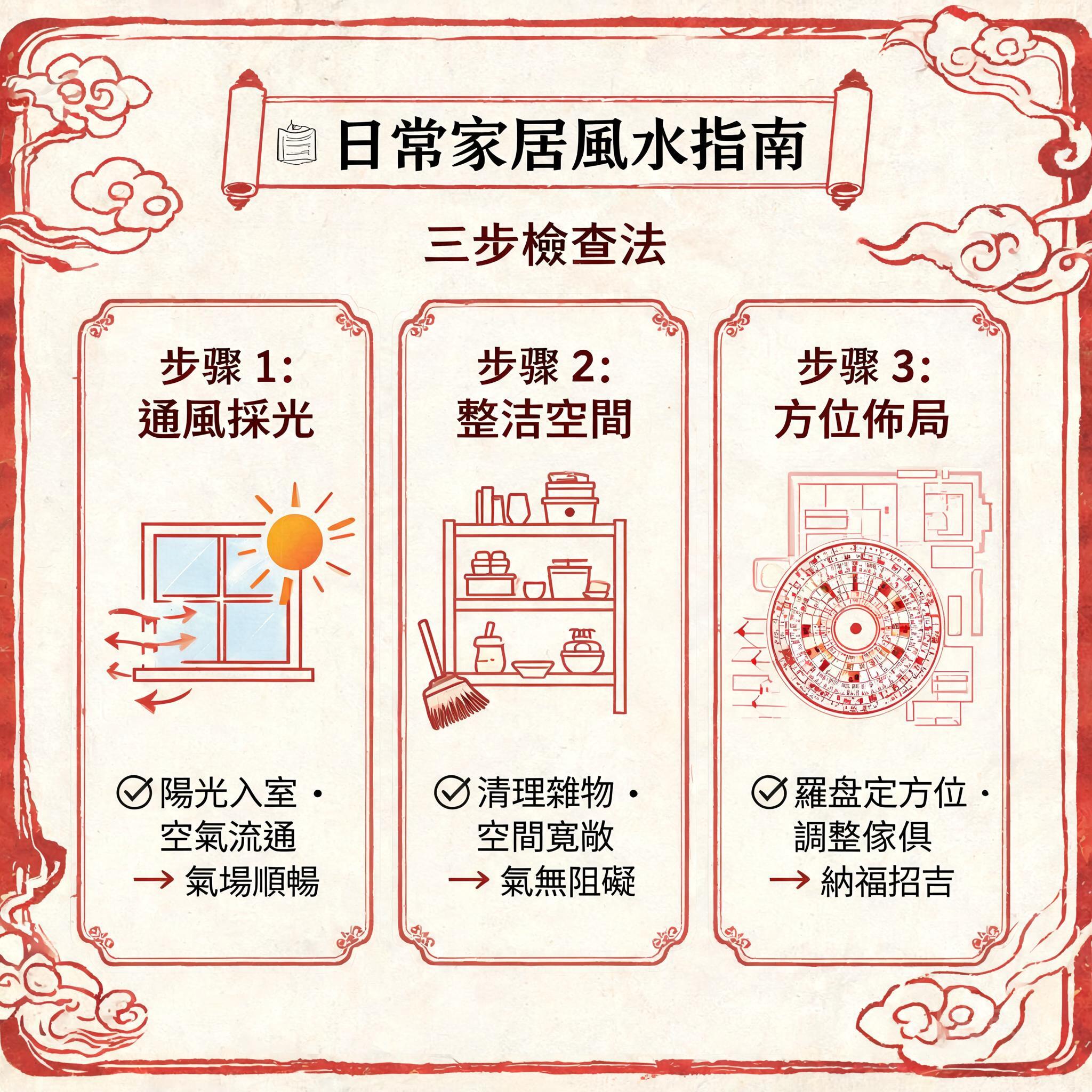 靈感來自克魯恩公園體系的3步驟居家風水檢查資訊圖，每個步驟都有簡單圖示