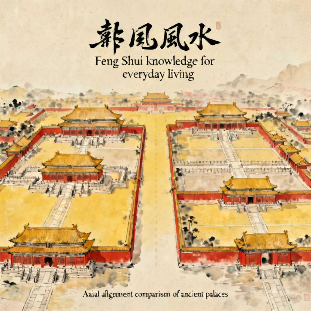 Side-by-side aerial shots of Beijing and Shenyang palaces with their axial alignments overlaid for comparison