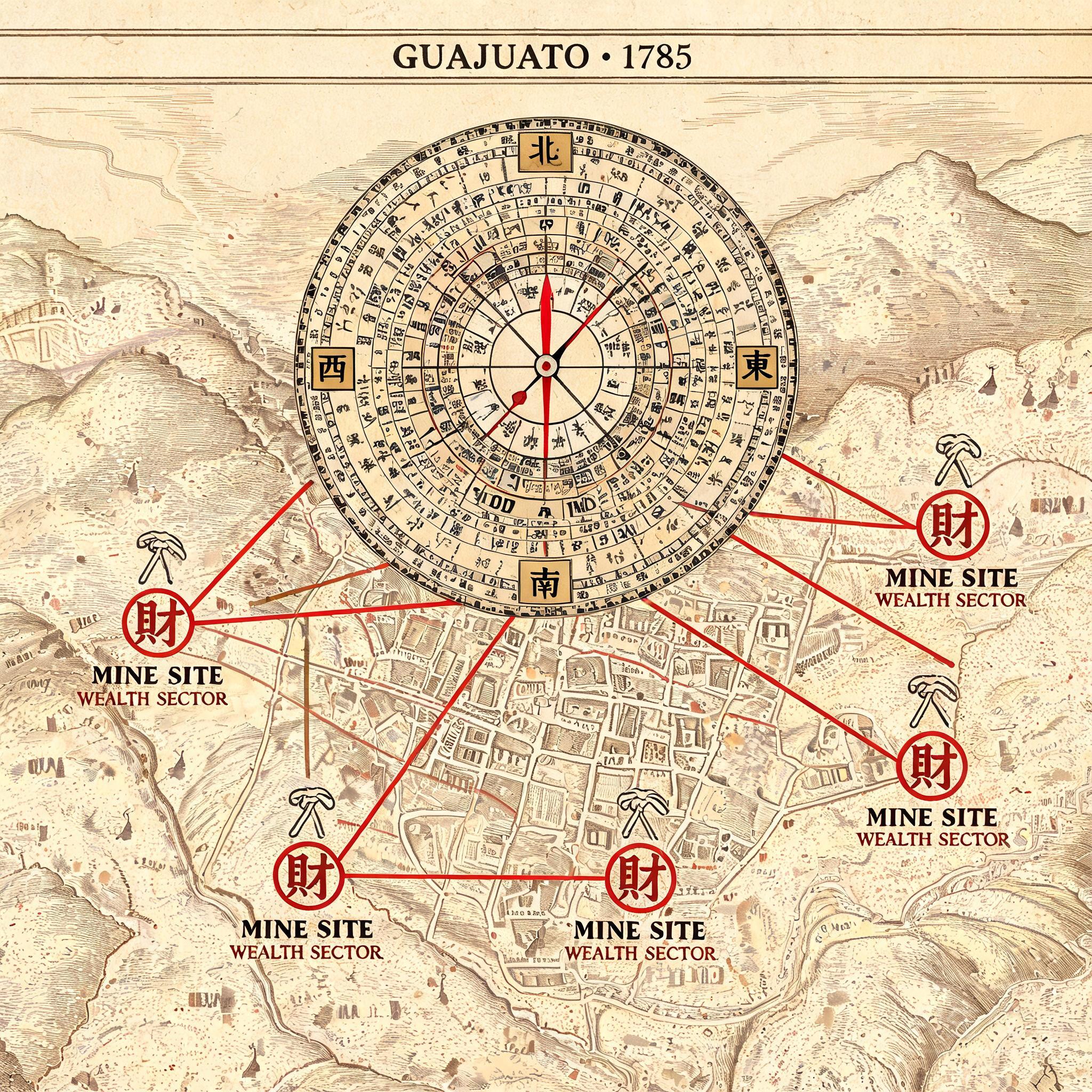Luo pan compass laid over a 18th century map of Guanajuato, showing the alignment of mine sites with the town&rsquo;s wealth sectors