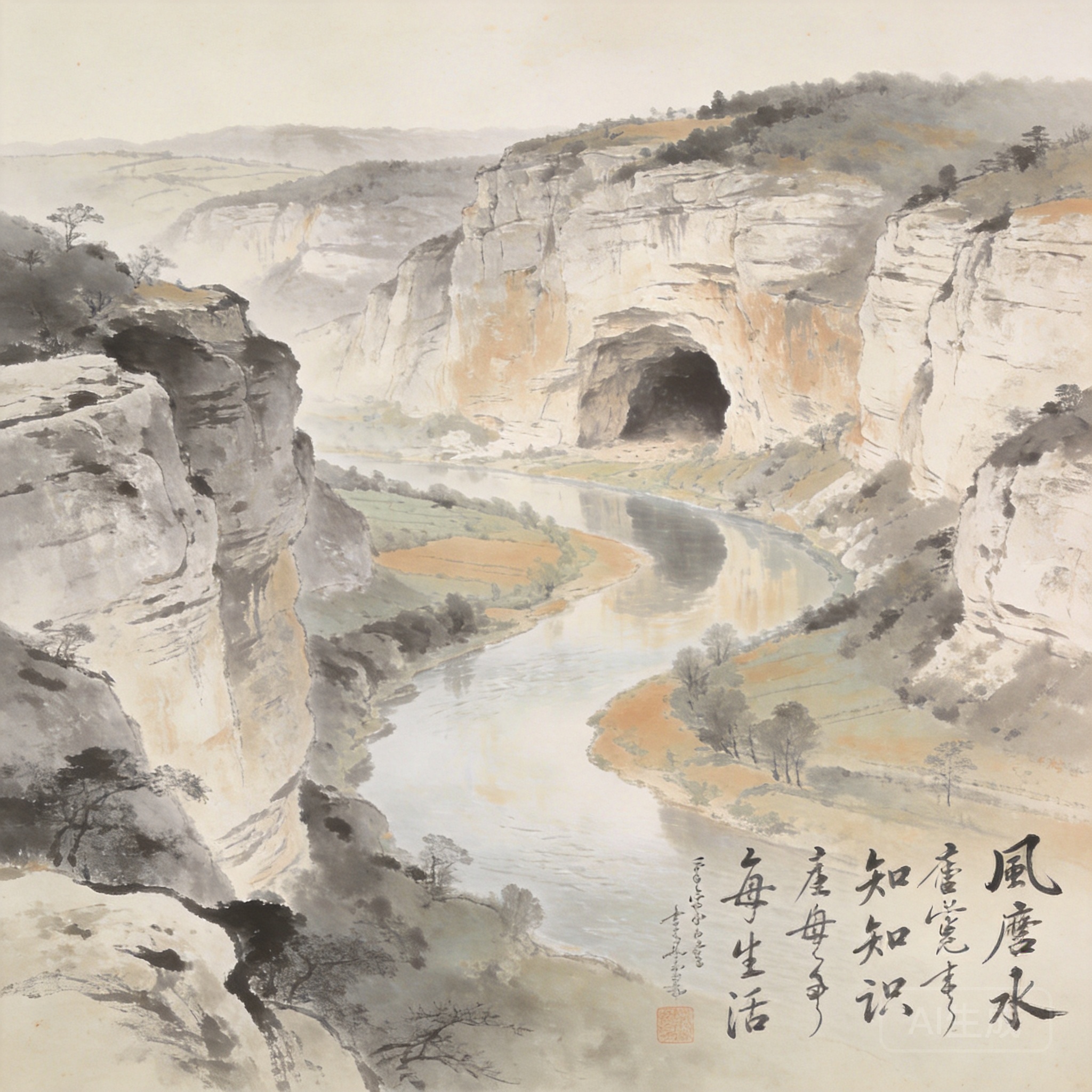 維澤河谷全景，蜿蜒穿梭於淺色石灰岩懸崖之間，遠處可見朝南岩壁上的洞穴入口