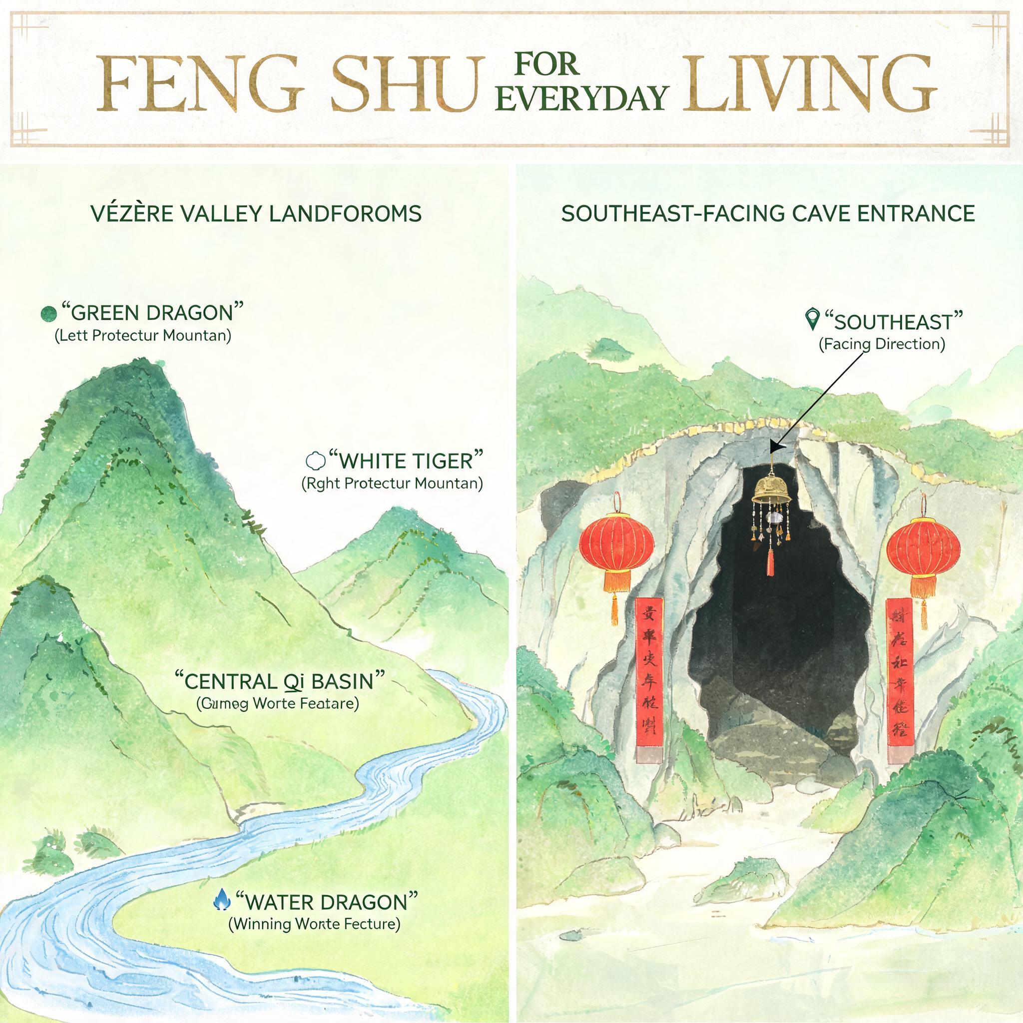 並排圖表，左側是標註有青龍、白虎、水龍、中央氣盆等形勢派風水術語的維澤河谷地貌圖，右側是一張朝東南方向的裝飾洞穴入口照片
