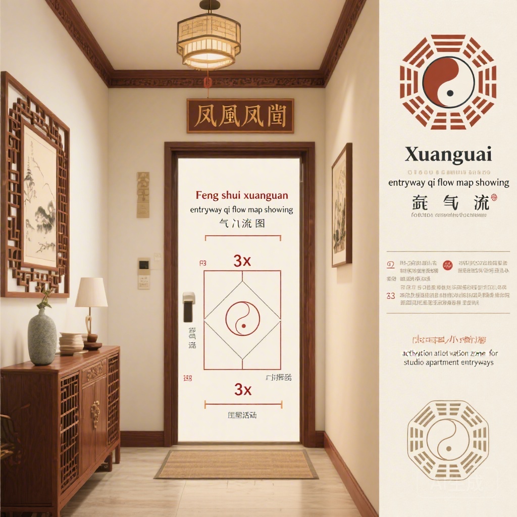 Infographic: Xuanguan entryway qi flow map for studio and small apartment layouts, alt text: “Feng shui xuanguan entryway qi flow map showing 3x3 foot activation zone for studio apartment entryways”
