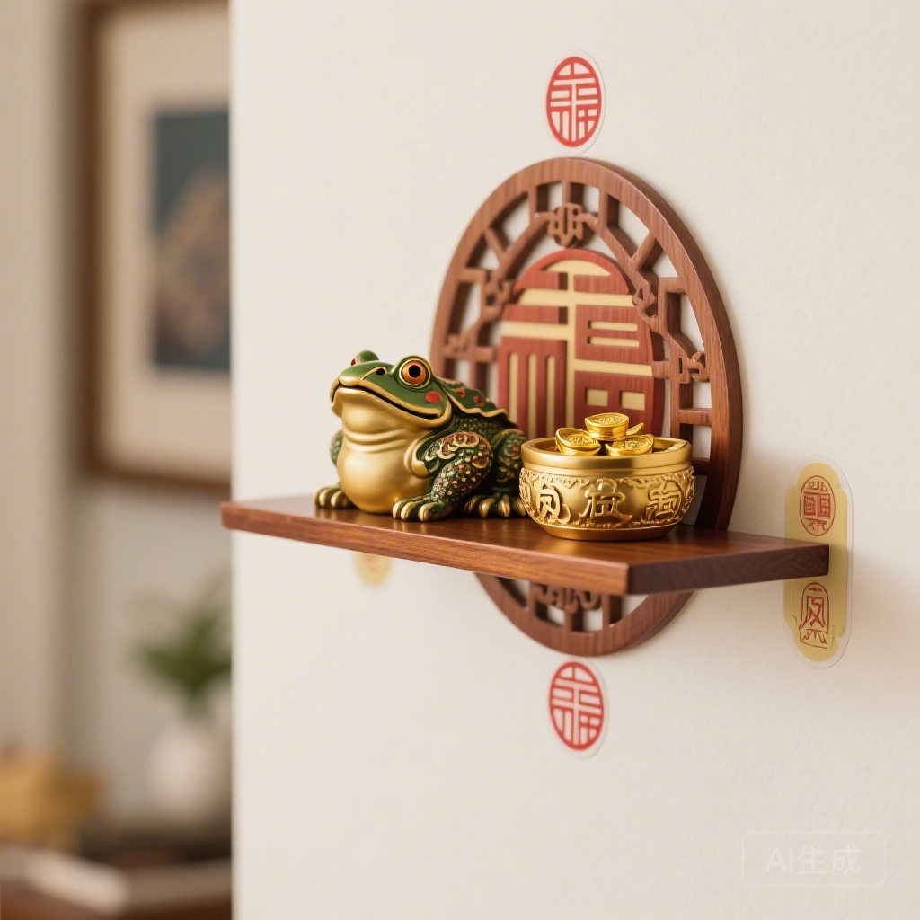 Photo: Renter-friendly no-drill adhesive shelf with money frog and wealth bowl setup