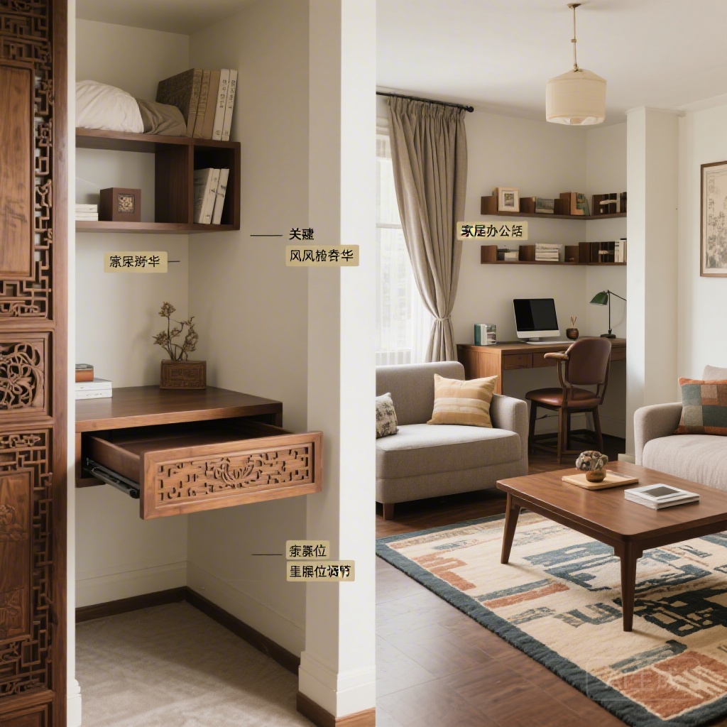 Photo gallery of 3 small feng shui home office nooks: a closet nook with pull-out desk and wall-mounted storage, a bedroom corner with a curtain boundary, a shared living room space with a rug defining the work zone, each with labeled key feng shui features like clear walkways and command position adjustments.