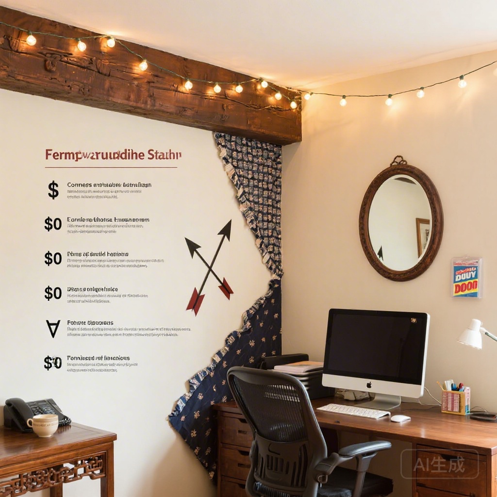 Chart of common feng shui home office problems and their $0 or low-cost fixes, e.g., poison arrows = free fabric scrap to cover corner, facing wall = $5 mirror from dollar store above monitor, overhead beam = free string lights you already own hung under the beam.