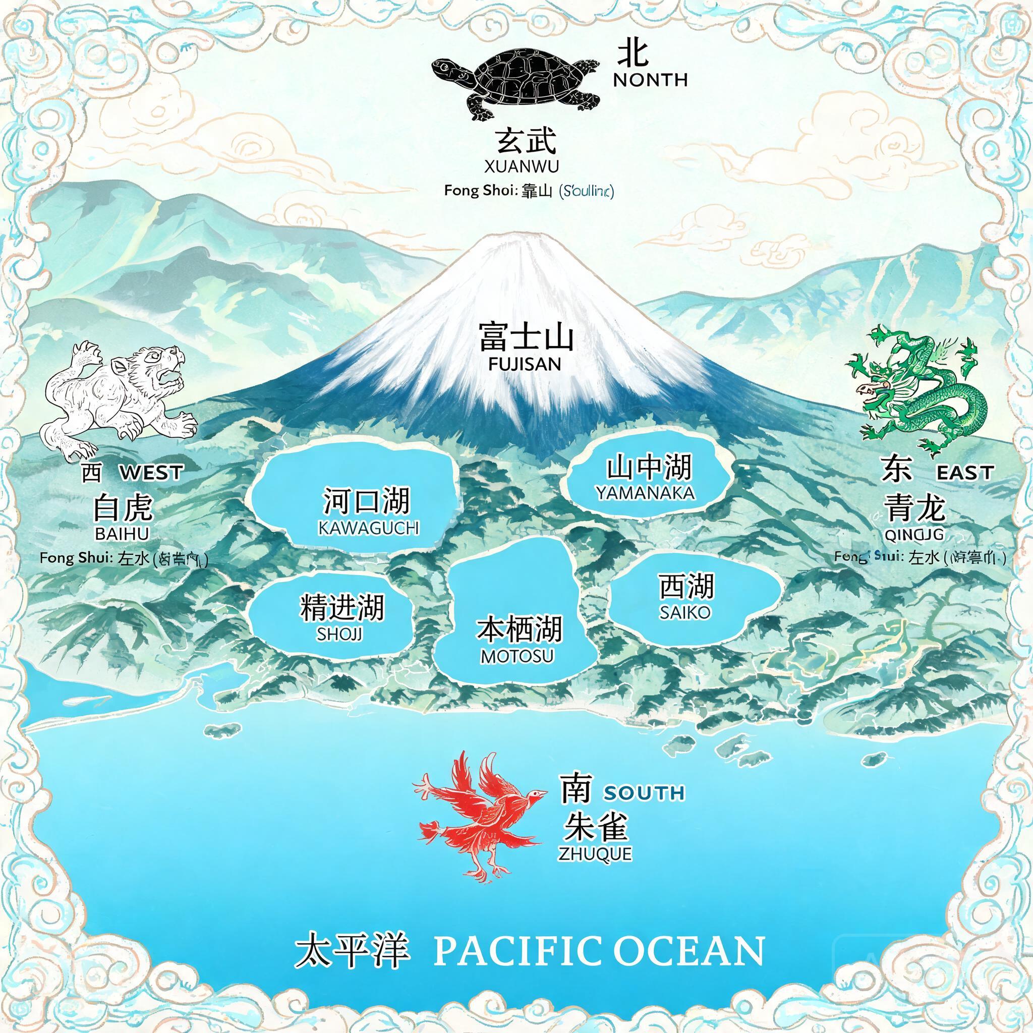 Overhead topographic map of Fujisan showing its perfectly symmetric cone, five surrounding lakes, and the Pacific Ocean to the south, with directional markers for the four celestial animal formations