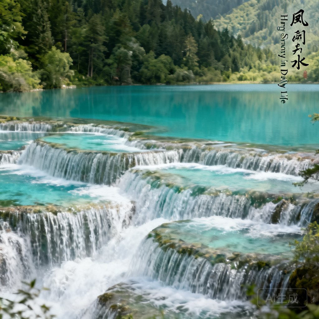 Close-up shot of Jiuzhaigou’s Nuorilang Waterfall, showing slow, layered cascades flowing between turquoise lake basins surrounded by forest