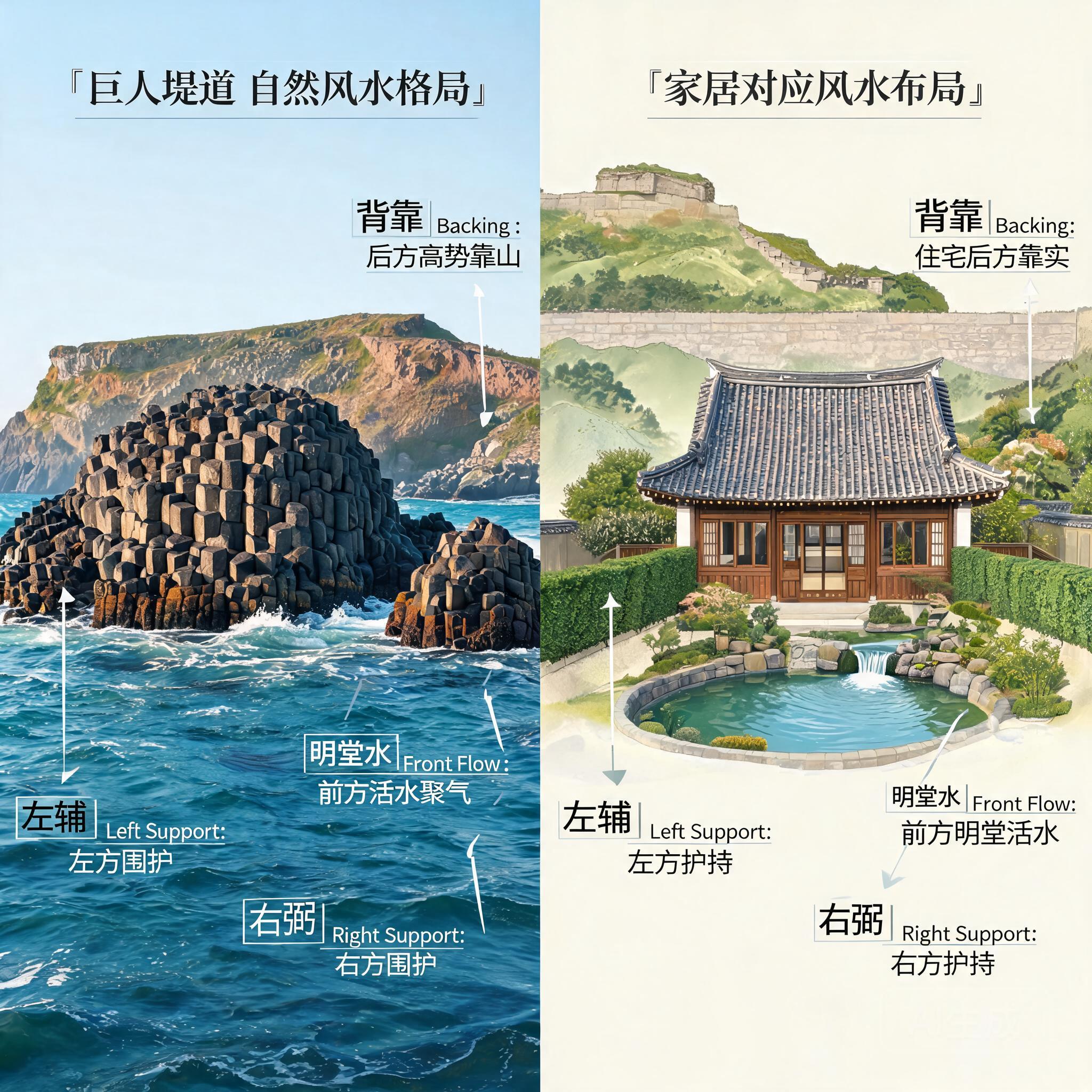Side-by-side diagram of the Giant’s Causeway landform pattern and a typical home layout with matching backing, side support, and front flow features