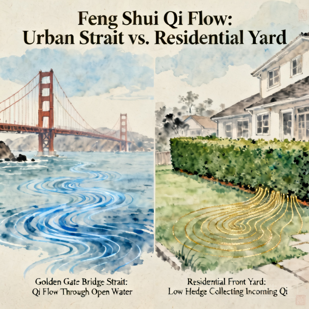 Side-by-side comparison of the Golden Gate Bridge strait qi flow and a residential front yard with a low hedge collecting incoming qi, to illustrate the parallel lessons