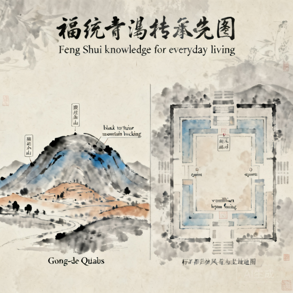 Side-by-side diagram of Gonbad-e Qābus’s landform layout next to a standard Form School feng shui site map, labeling the black tortoise mountain backing and vermillion bird open facing