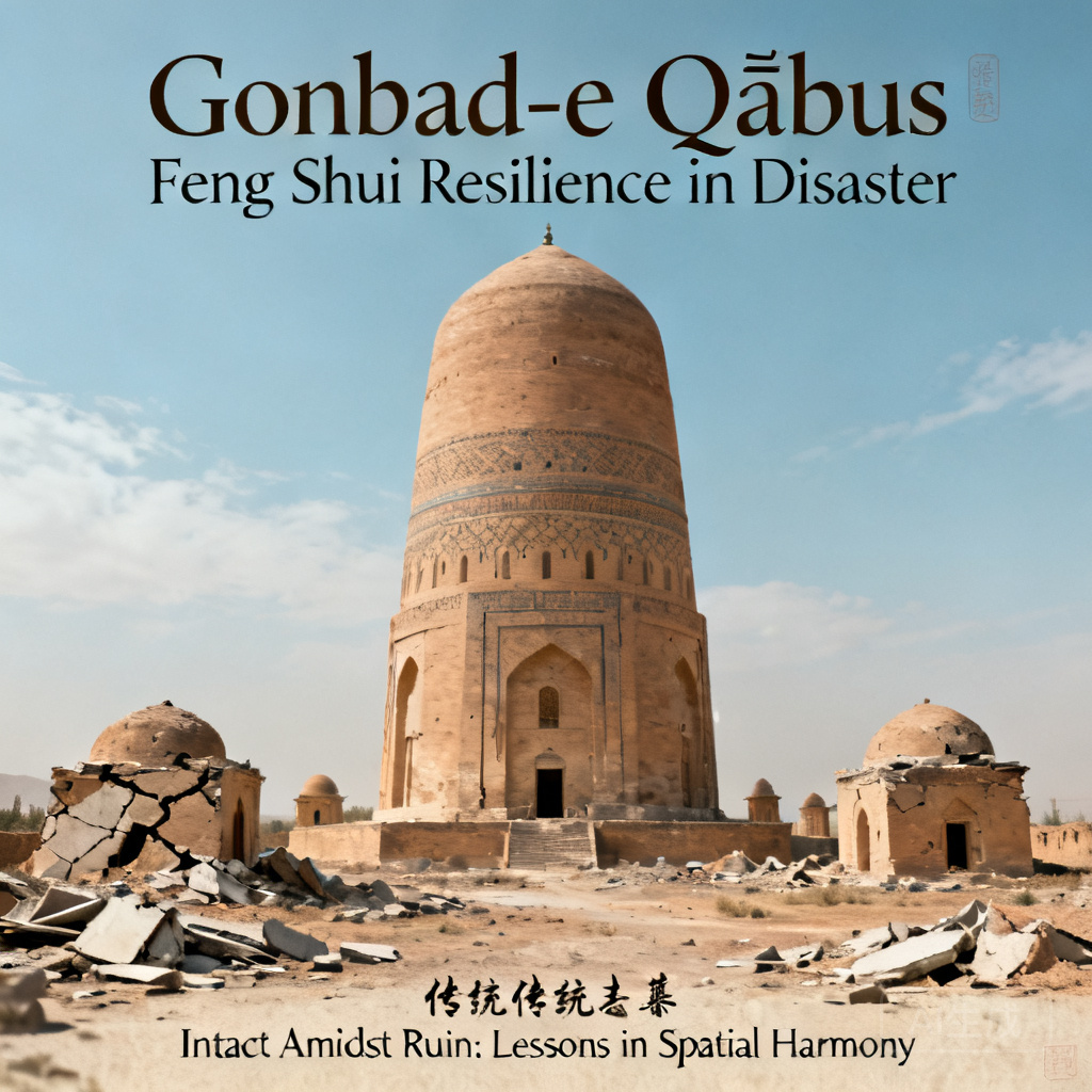 Photo of Gonbad-e Qābus in the aftermath of the 1990 Manjil-Rudbar earthquake, standing intact while surrounding smaller structures suffered damage