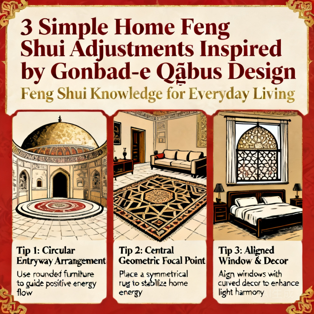 Infographic showing 3 simple home feng shui adjustments inspired by Gonbad-e Qābus’s design, with clear illustrations of each tip