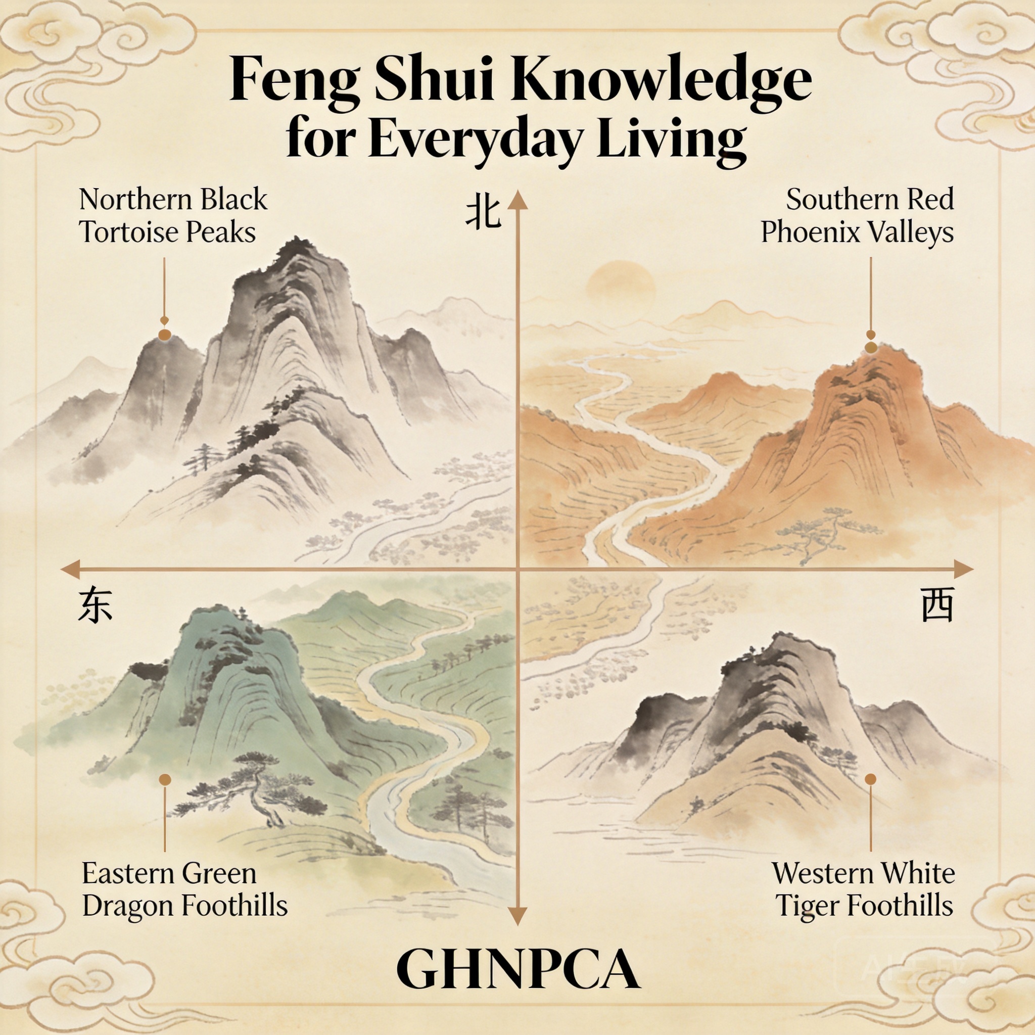 GHNPCA的標註地圖，標示出北方玄武山峰、南方朱雀山谷、東方青龍丘陵與西方白虎丘陵的位置