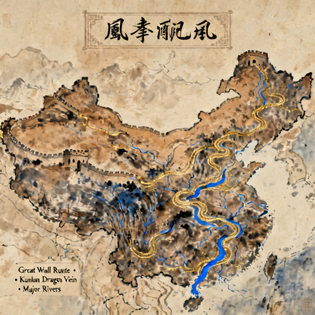Full map of the Great Wall’s route across northern China, overlaid with the Kunlun Dragon Vein system and major river tributaries