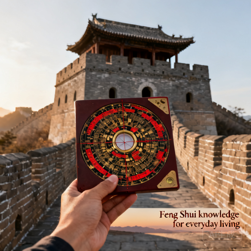 Luo Pan compass held up against a Ming Dynasty Great Wall watchtower at Mutianyu, showing alignment to the auspicious Ren (north-northeast) direction