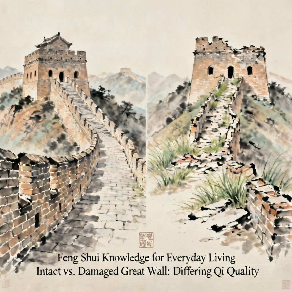 Side-by-side photo of the intact, ridge-aligned Badaling Great Wall segment and a damaged, flat-land segment in Gansu province, illustrating differing qi quality