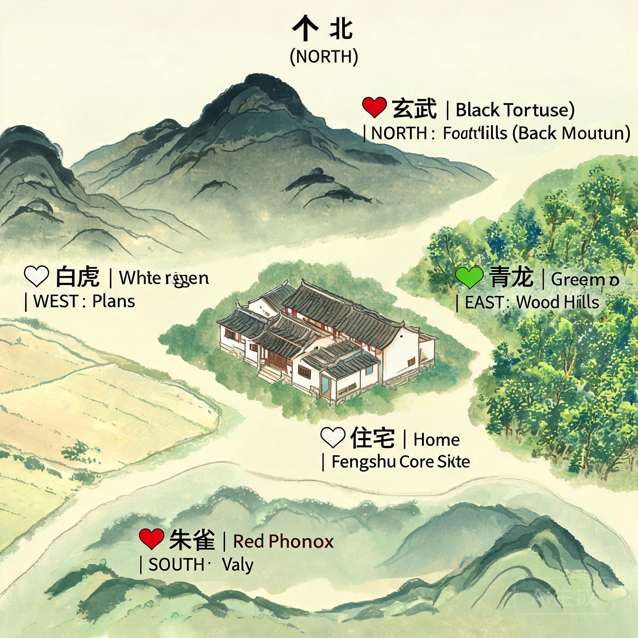 標註四靈獸位置的場地俯瞰圖，標示玄武（北方山麓）、青龍（東側林木丘陵）、白虎（西側平原）、朱雀（南方河谷）