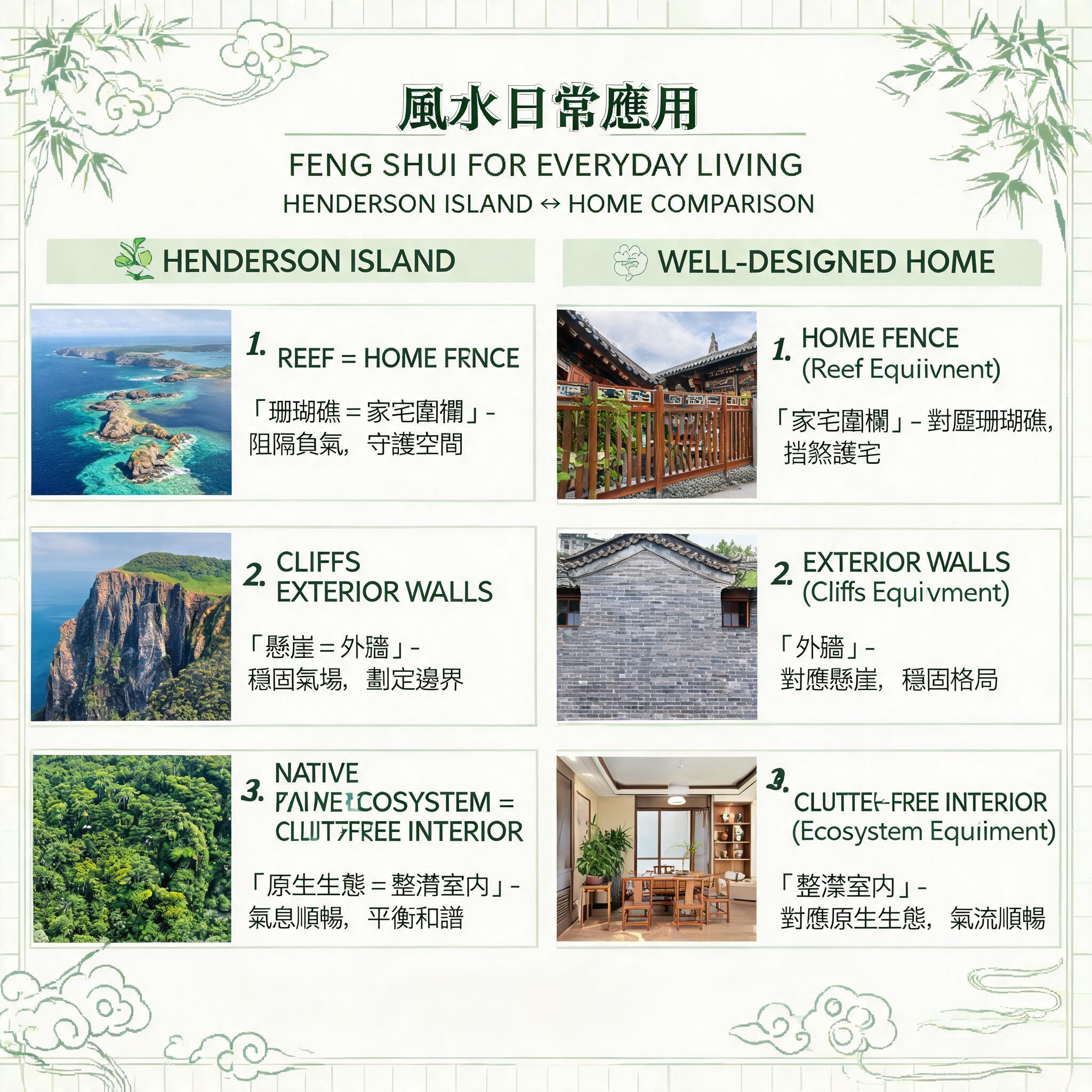Infographic comparing Henderson Island’s natural feng shui features to equivalent features in a well-designed home, showing reef = home fence, cliffs = exterior walls, native ecosystem = clutter-free interior