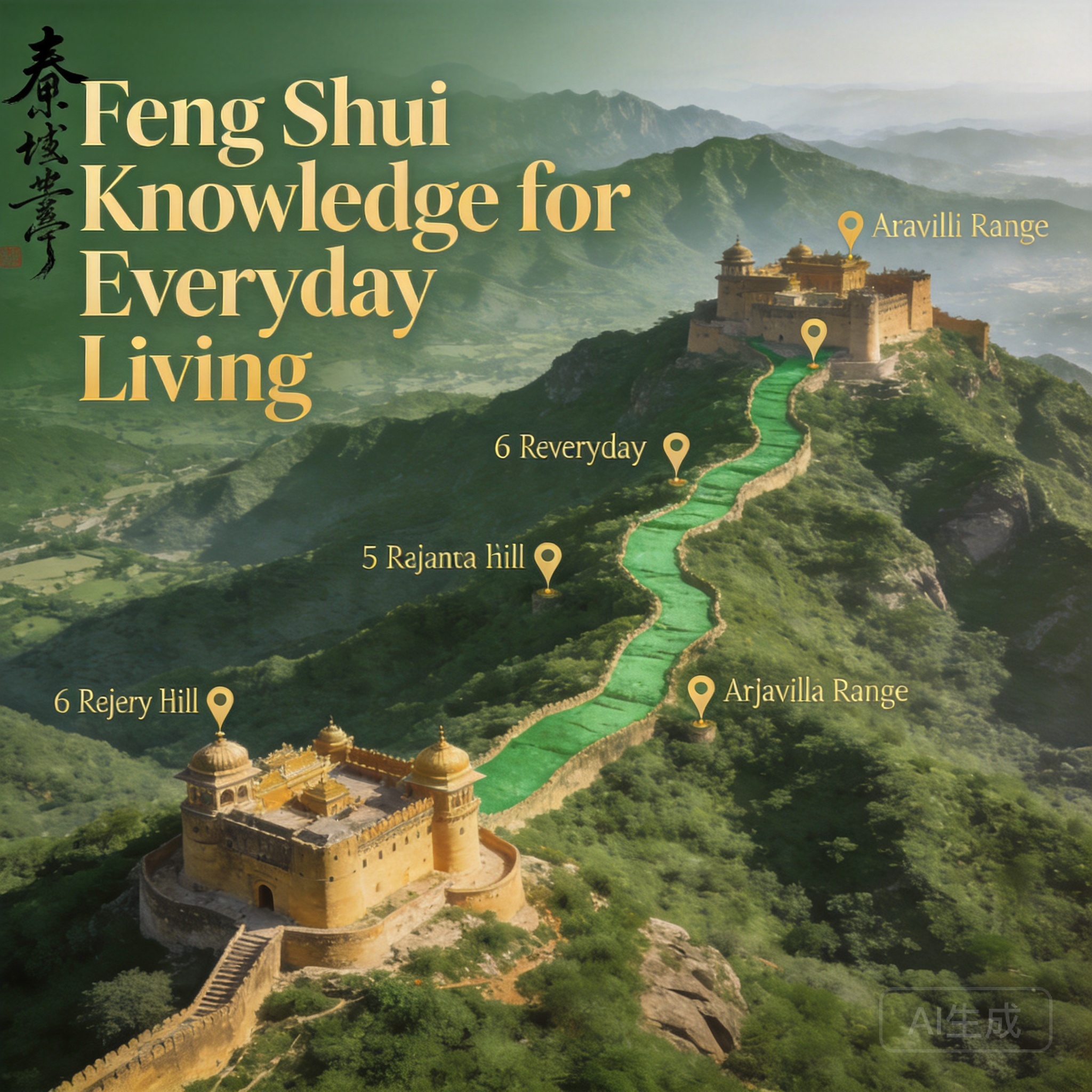 阿拉瓦利山脈地圖上標註了全部6座拉賈斯坦邦山地堡壘的空拍全景圖，綠色陰影標示了連接各處遺址的山脈主脊