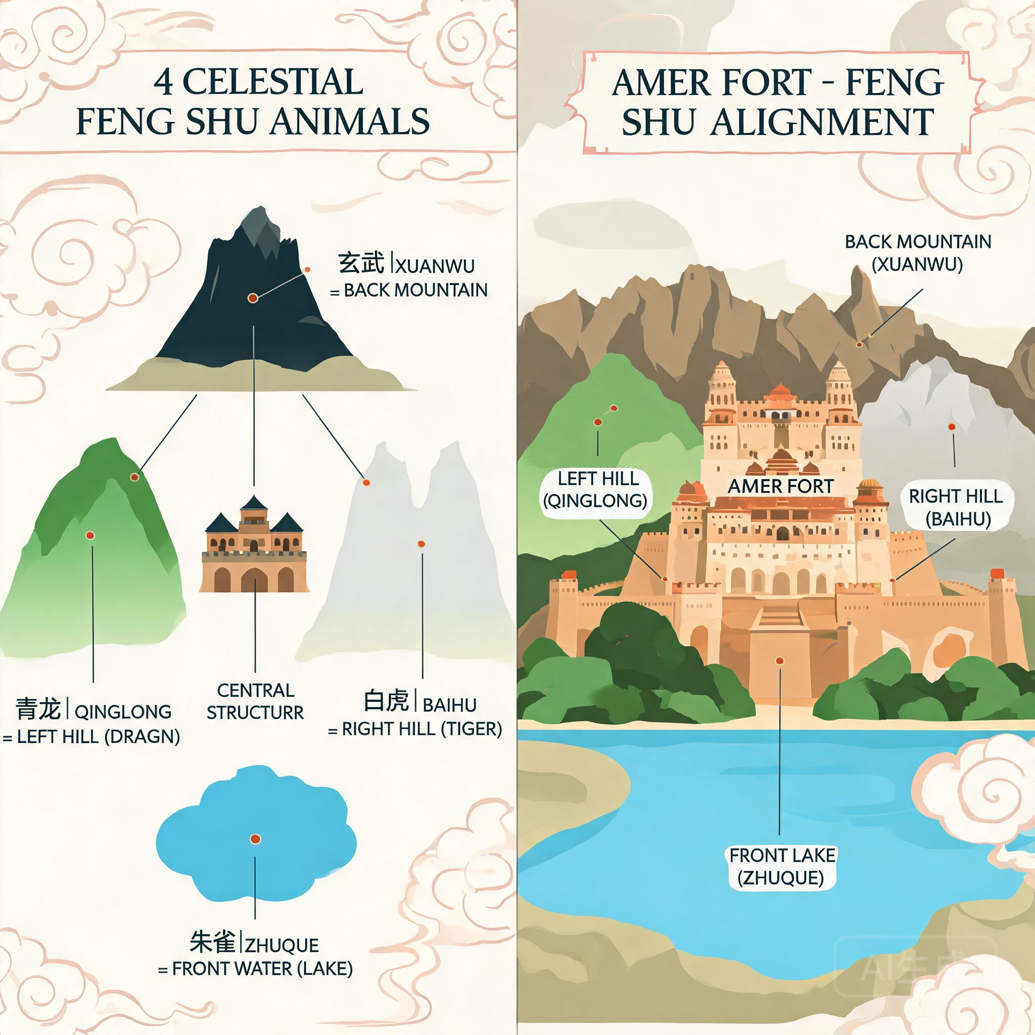 風水四靈獸框架對比琥珀堡剖面圖的並排示意圖，可見其靠山、兩側山丘與前方湖泊的配置