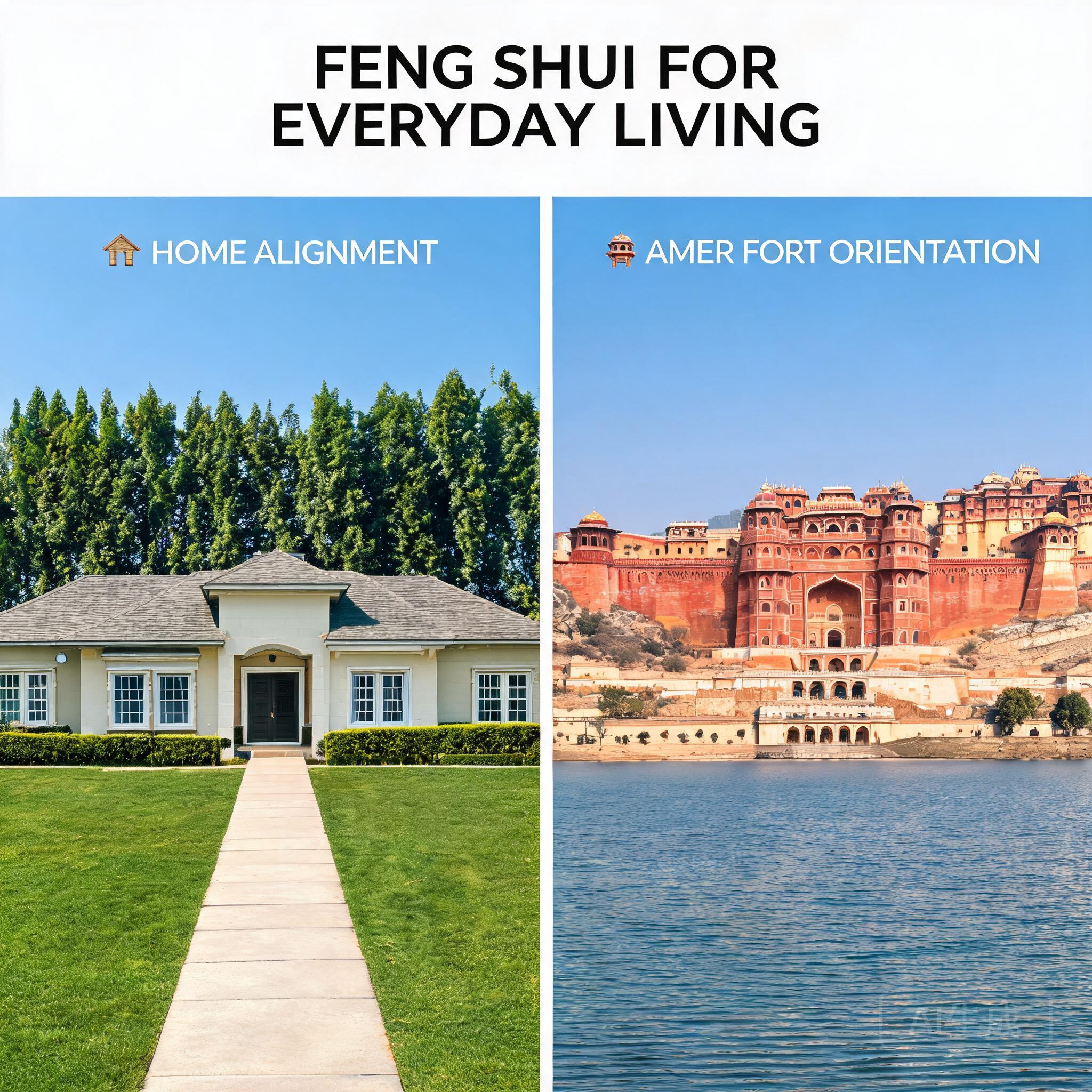 比對照片：左側是格局良好的郊區住宅，後方有高大樹木、前方走道暢通；右側是琥珀堡面向毛塔湖的開闊前入口