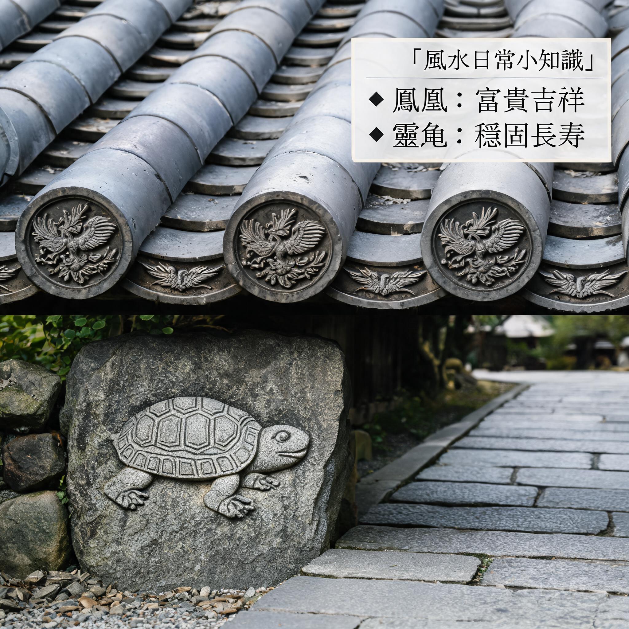 Close-up shot of Himeji-jo’s curved roof tiles with carved phoenix motifs, and a foundation stone with a turtle engraving visible near the main entry path