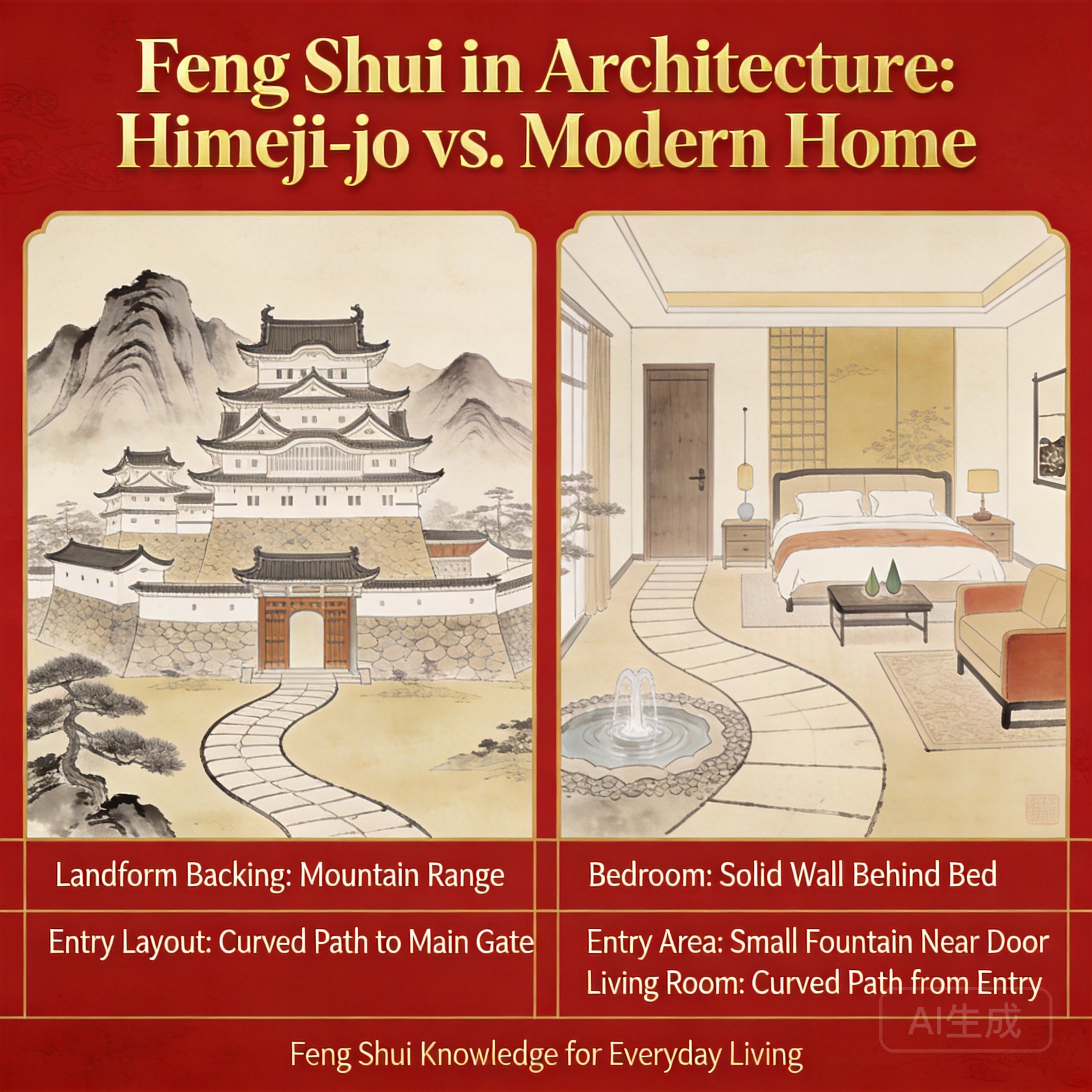 Side-by-side comparison graphic: left side shows Himeji-jo’s landform backing and entry layout, right side shows a modern home layout applying the same principles (solid wall behind bed, small fountain near entry, curved entry path to living room)
