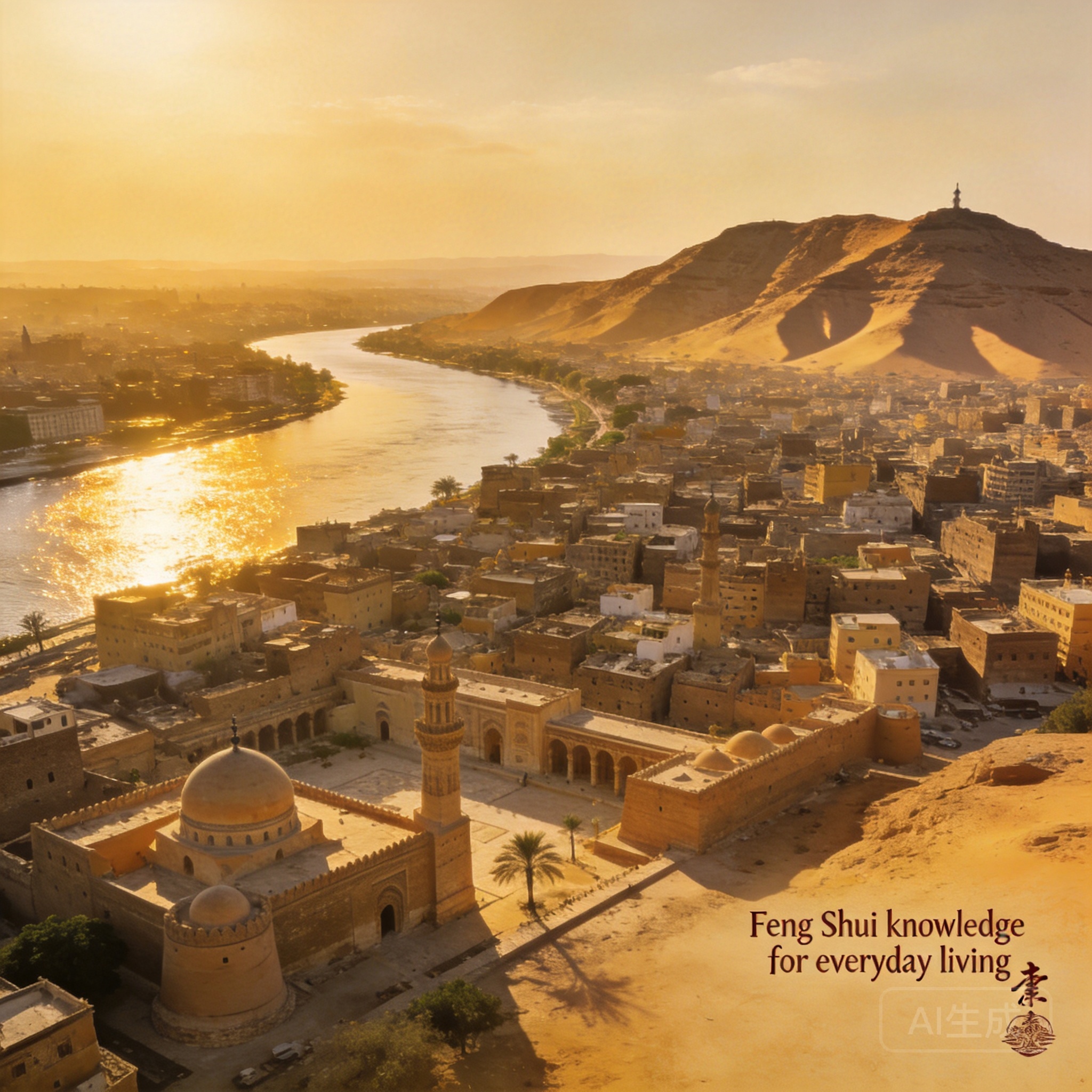 Aerial panoramic shot of Historic Cairo at golden hour, with the Nile River glinting to the west and the Mokattam Hills rising in the east behind the dense historic core