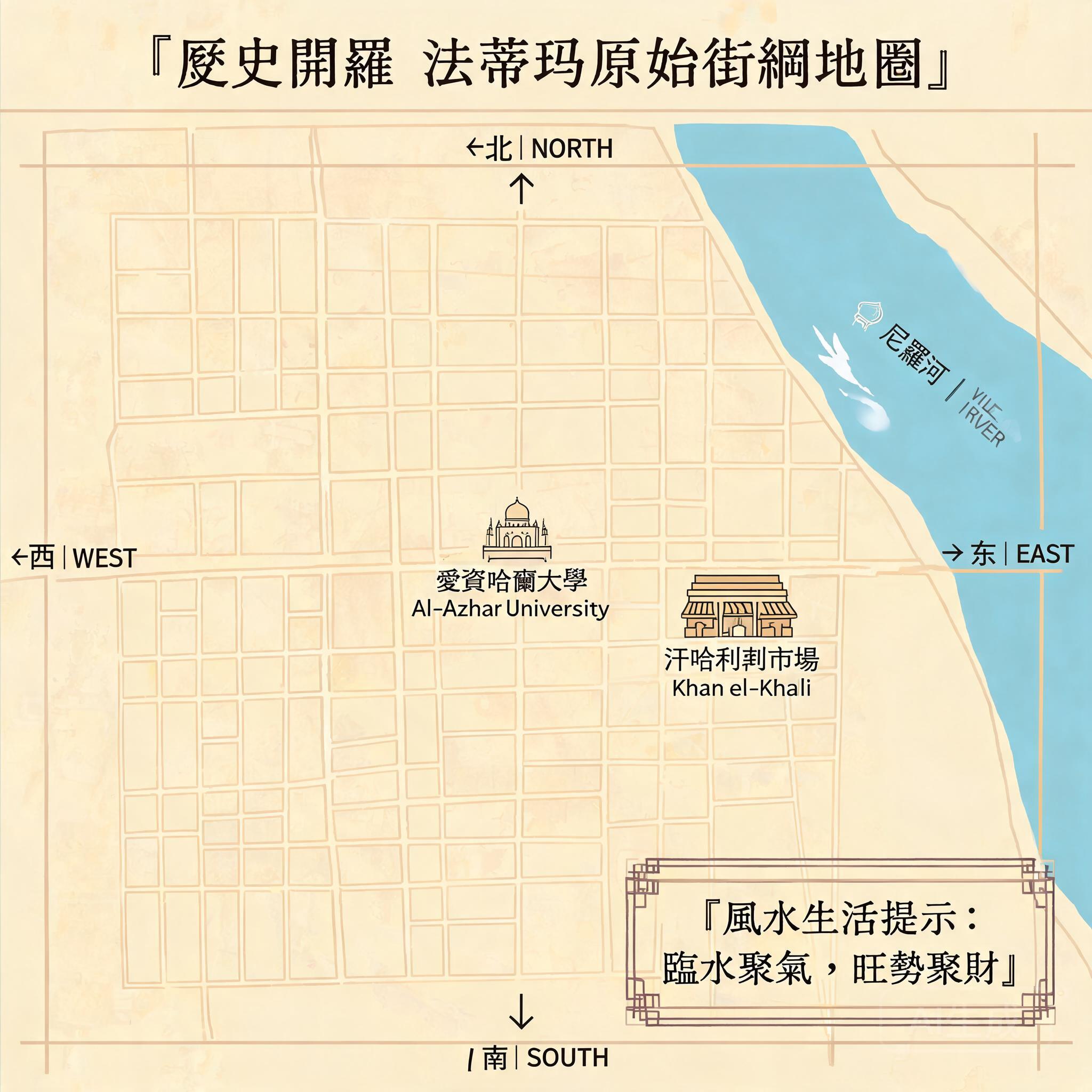 Overlay map of Historic Cairo’s original Fatimid street grid, marked with north-south/east-west axes, Al-Azhar University at the center, and Khan el-Khalili adjacent to the Nile waterfront
