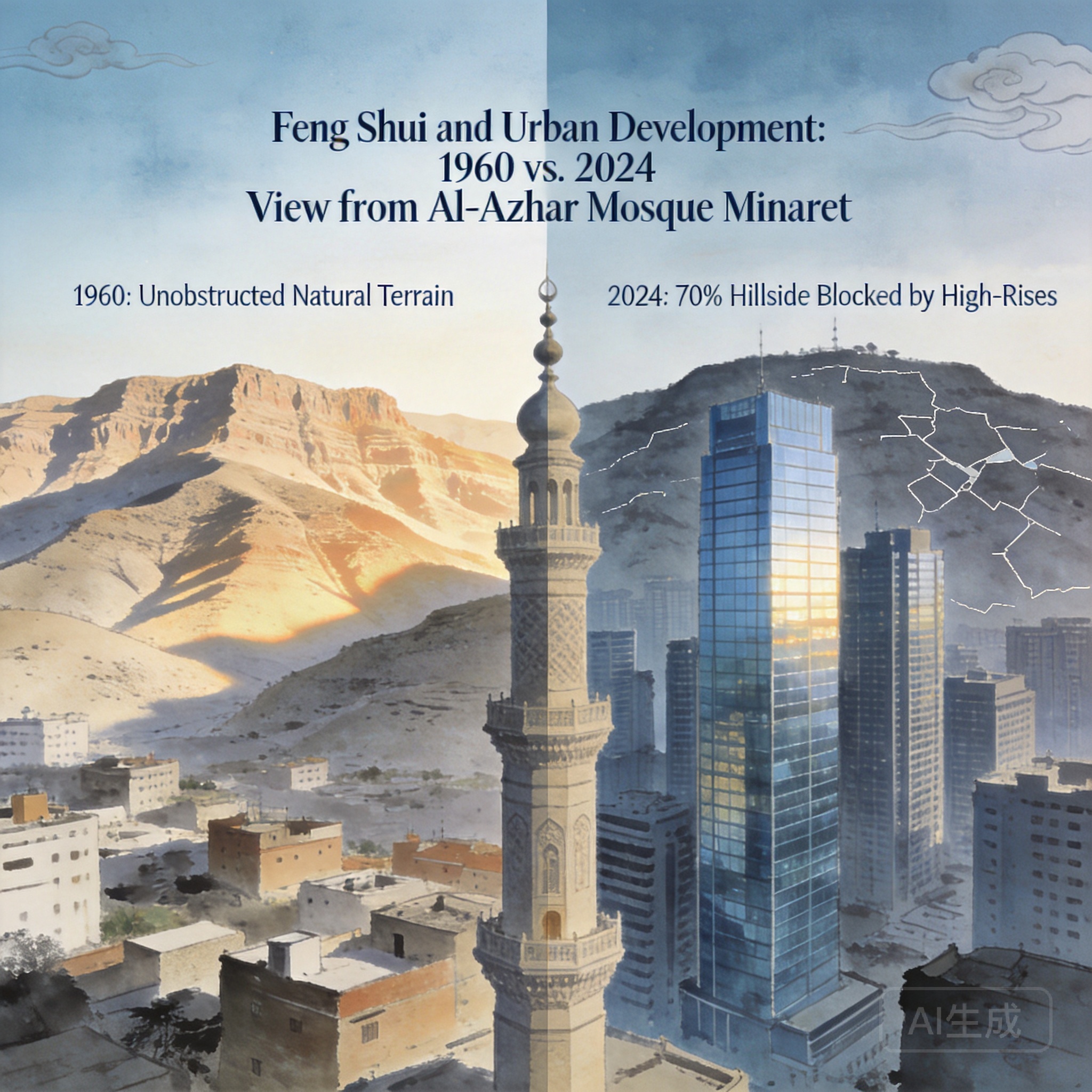 Side-by-side comparison photos of the view from Al-Azhar Mosque’s minaret: 1960 (clear view of Mokattam Hills) and 2024 (high-rise buildings blocking 70% of the hillside view)