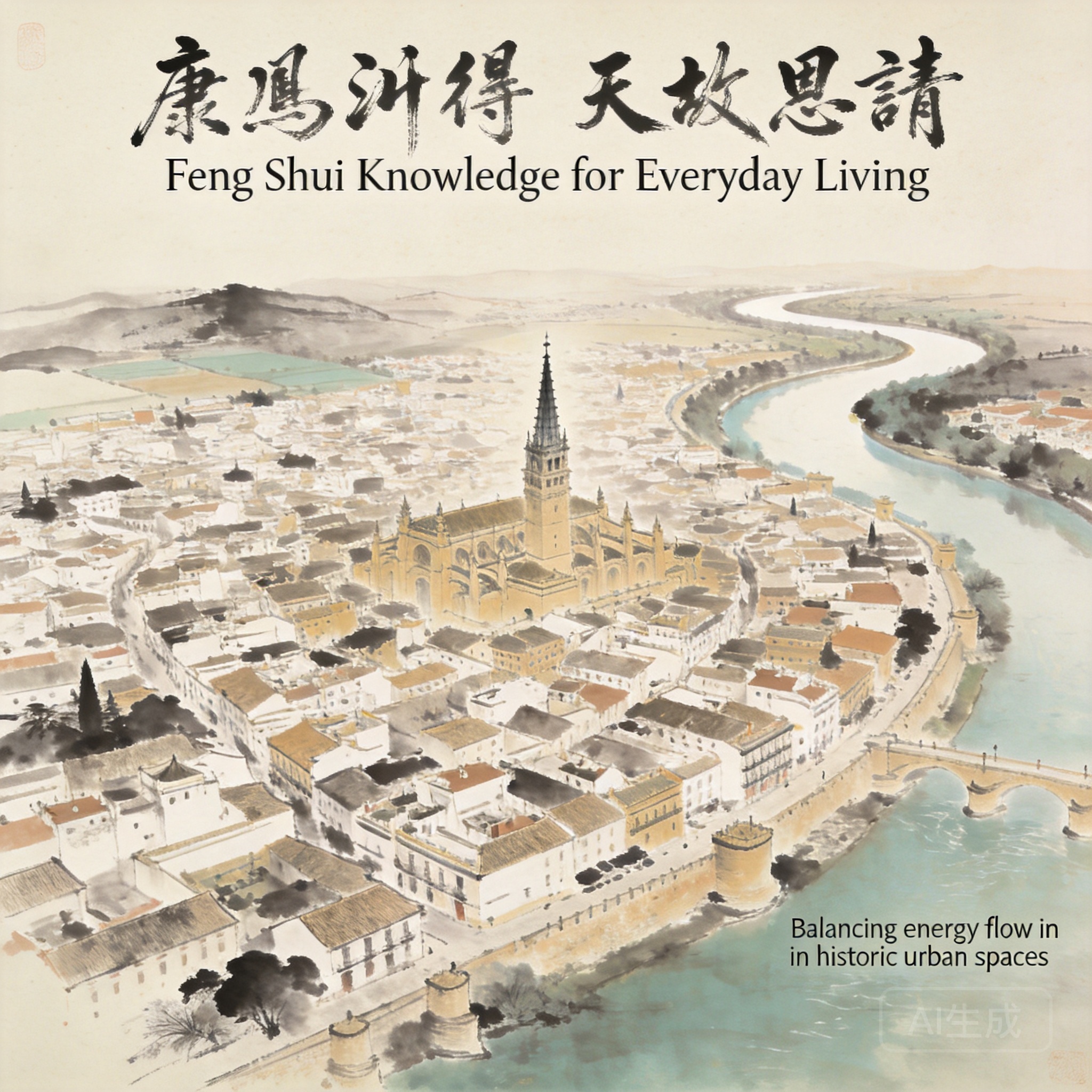 面積4平方公里的哥多華歷史中心保護區空拍全景,可見瓜達爾基維爾河沿南側蜿蜒流過,核心區域的梅斯基塔主教座堂尖塔清晰可見