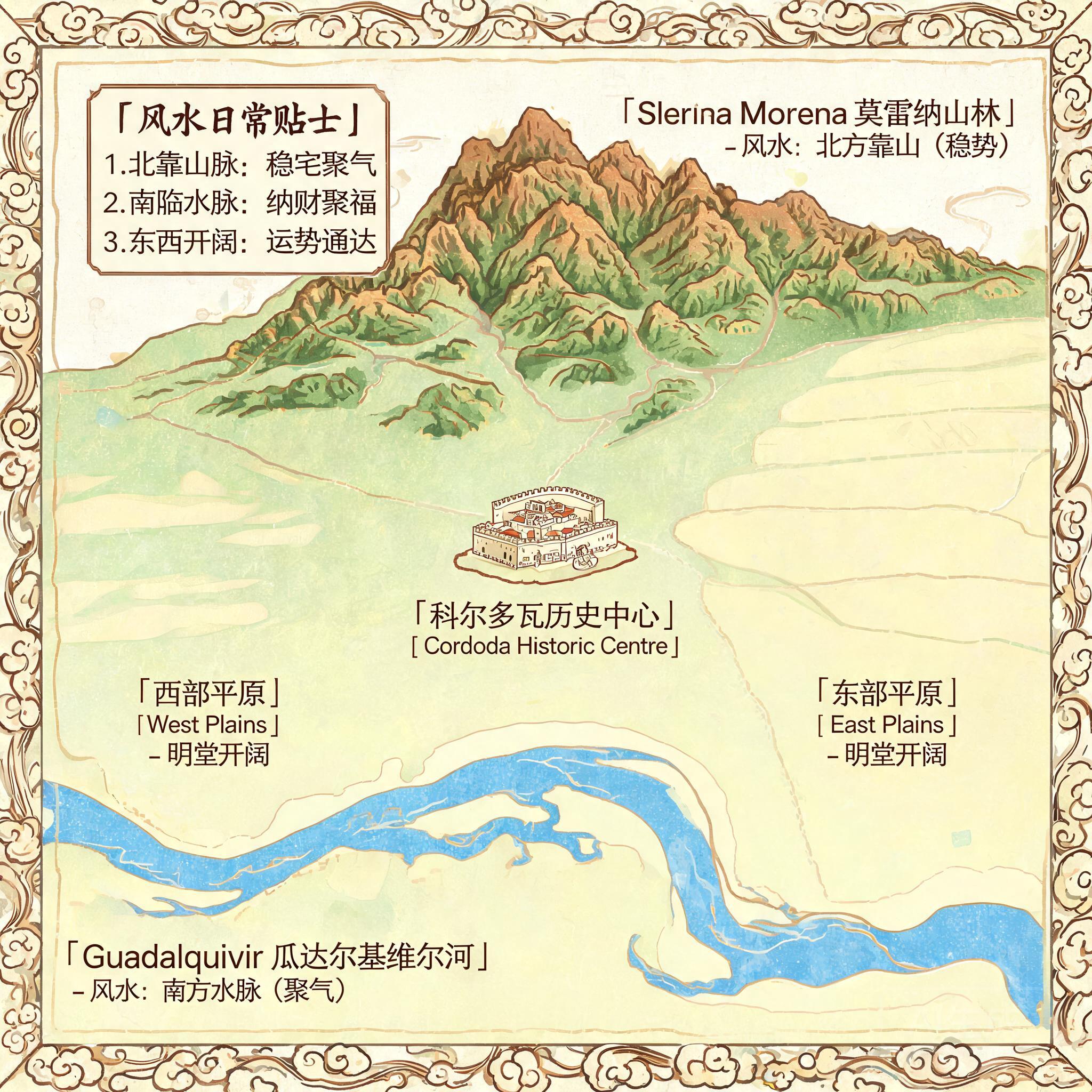 Topographic map of Cordoba showing the Sierra Morena mountain range to the north, curving Guadalquivir river to the south, and flat plains extending east and west of the historic centre