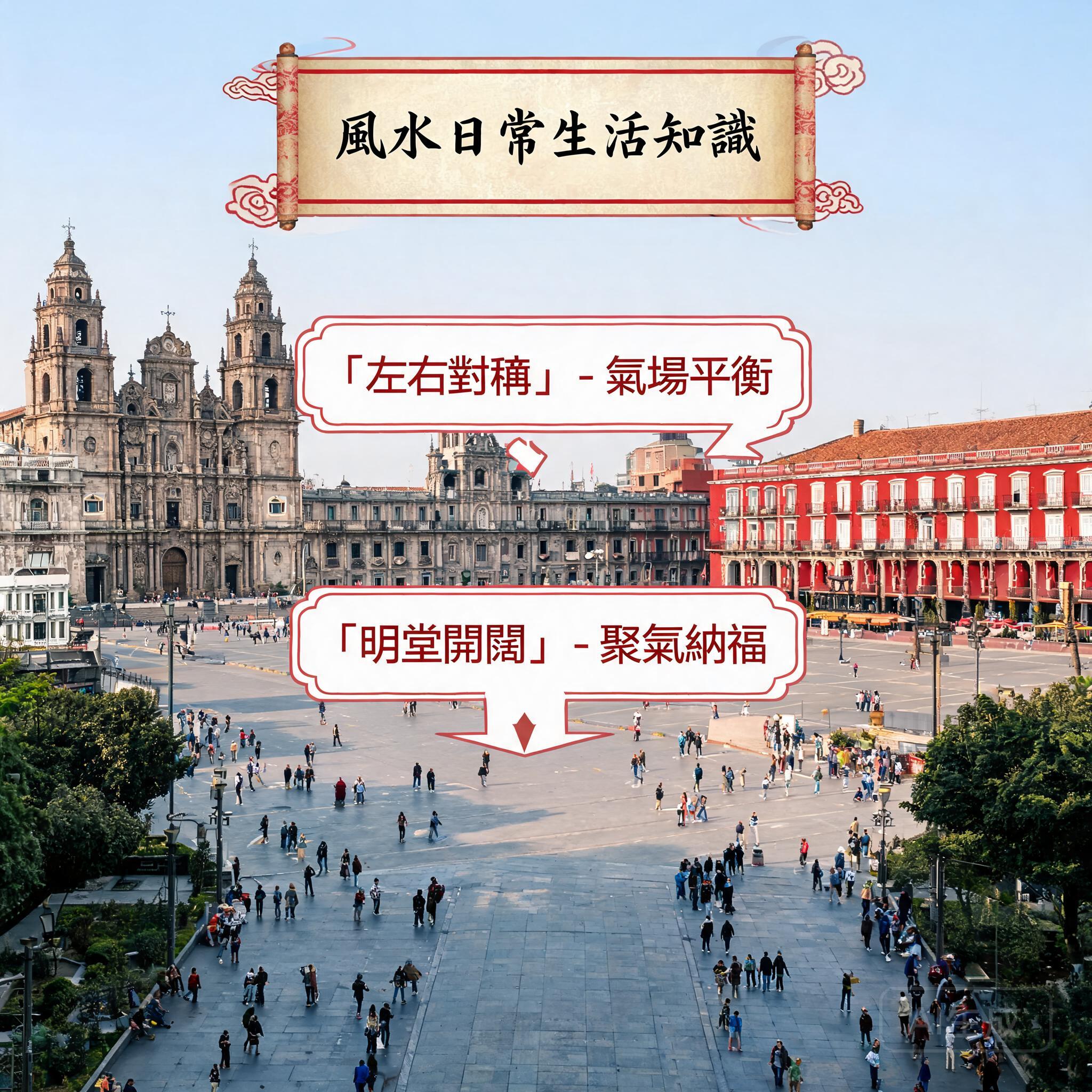 墨西哥城憲法廣場(Zócalo)地面視角照片,可見大都會大教堂、國家宮與周邊人行步道