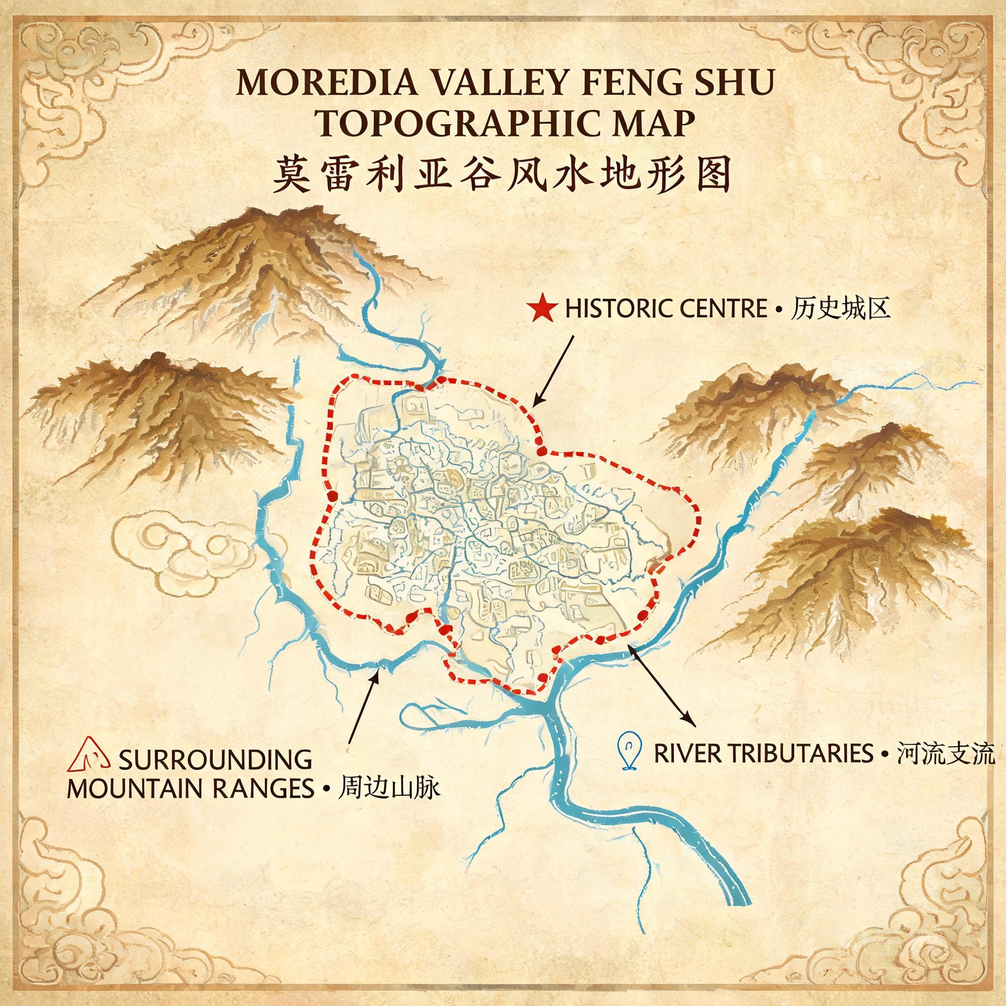 莫雷利亞谷地地形圖，標示出歷史中心的範圍、周圍的山脈、以及支流的位置