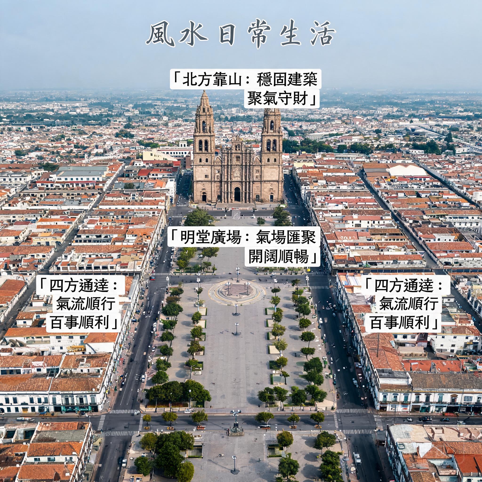 普埃布拉中央索卡洛廣場特寫，可見從中央廣場向外延伸的對稱棋盤式街道，北側則可看到普埃布拉大教堂