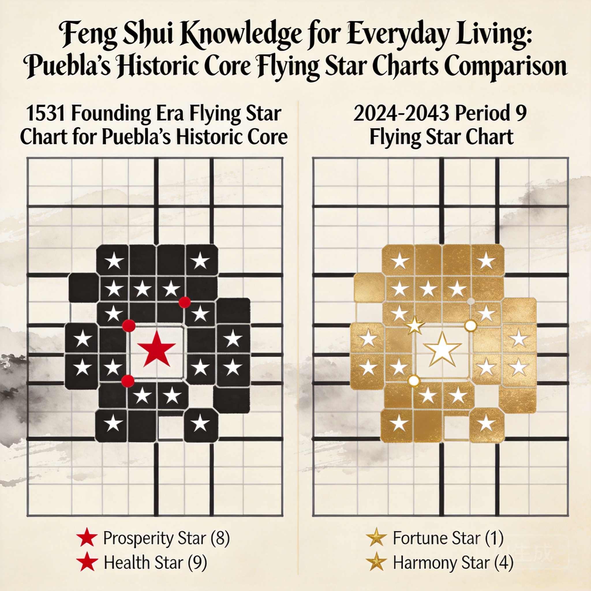 普埃布拉歷史核心1531年建城時期飛星圖與2024-2043年九運飛星圖的並排比較，關鍵星位經過標示方便閱讀