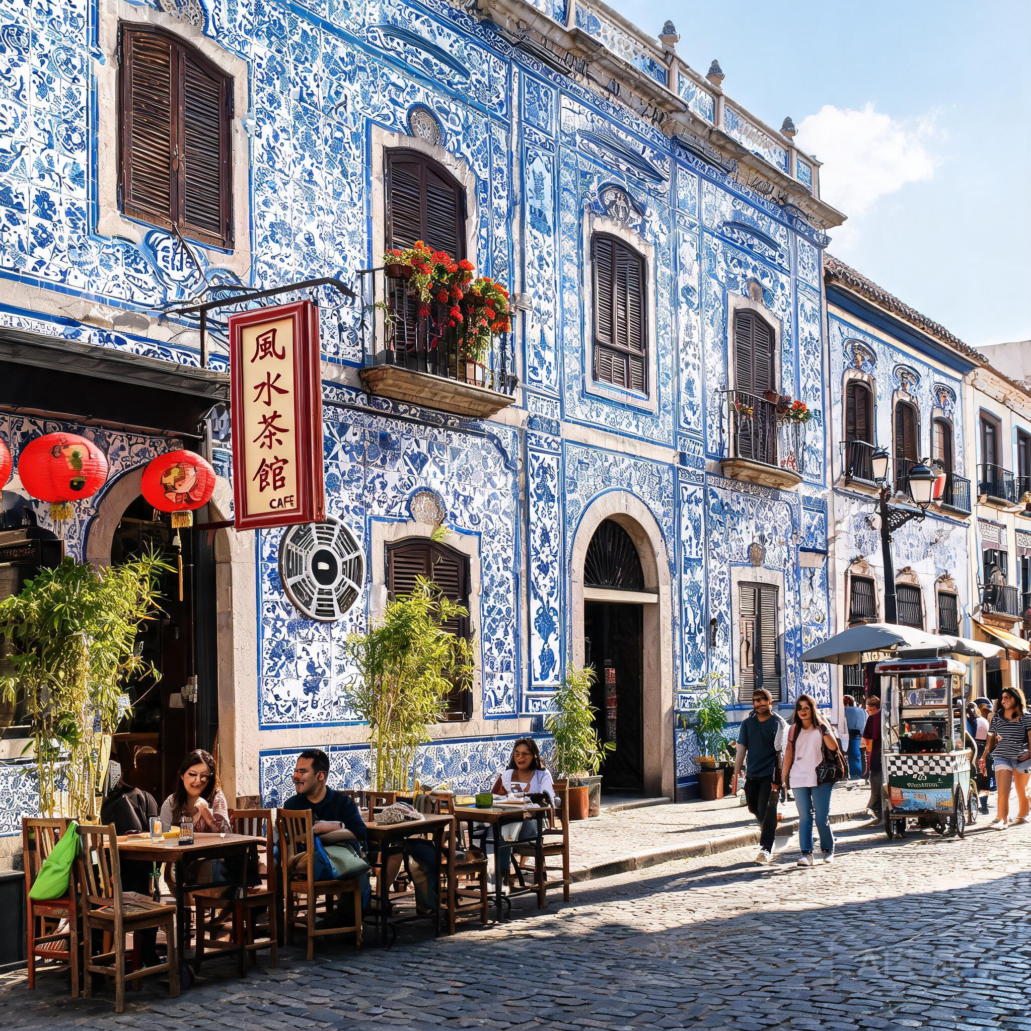 普埃布拉歷史中心內外鋪塔拉韋拉（Talavera）磁磚的殖民時期建築街景，可見小型戶外咖啡廳與往來行人，呈現此區活躍的商業活力