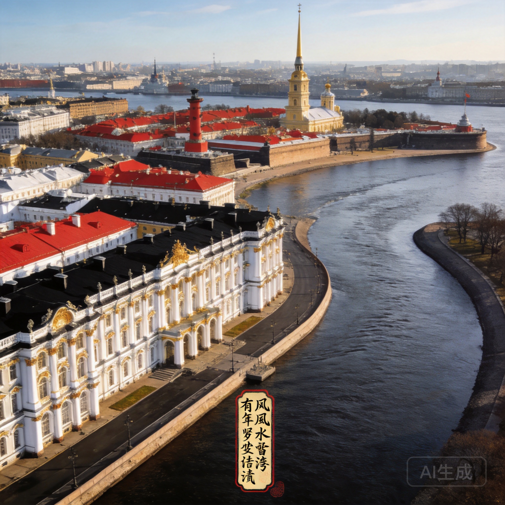 Aerial panoramic shot of the St. Petersburg Historic Centre, showing the Neva River winding past the Winter Palace and Peter and Paul Fortress under clear skies