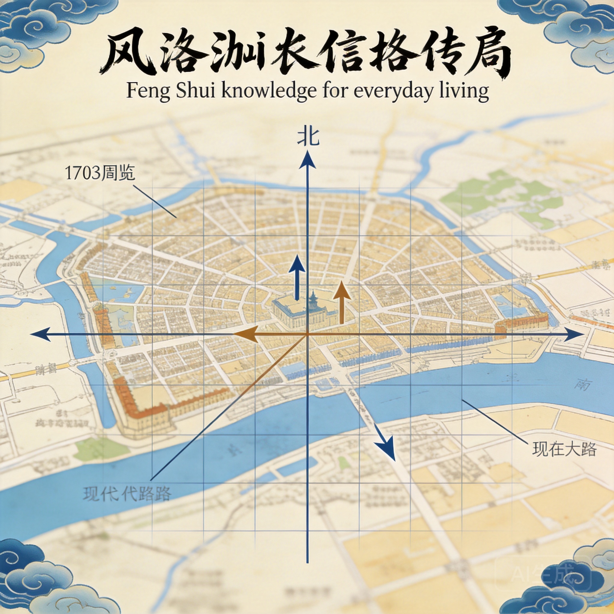 Overlay of St. Petersburg’s 1703 original city grid over a modern map, showing true north alignment of key avenues