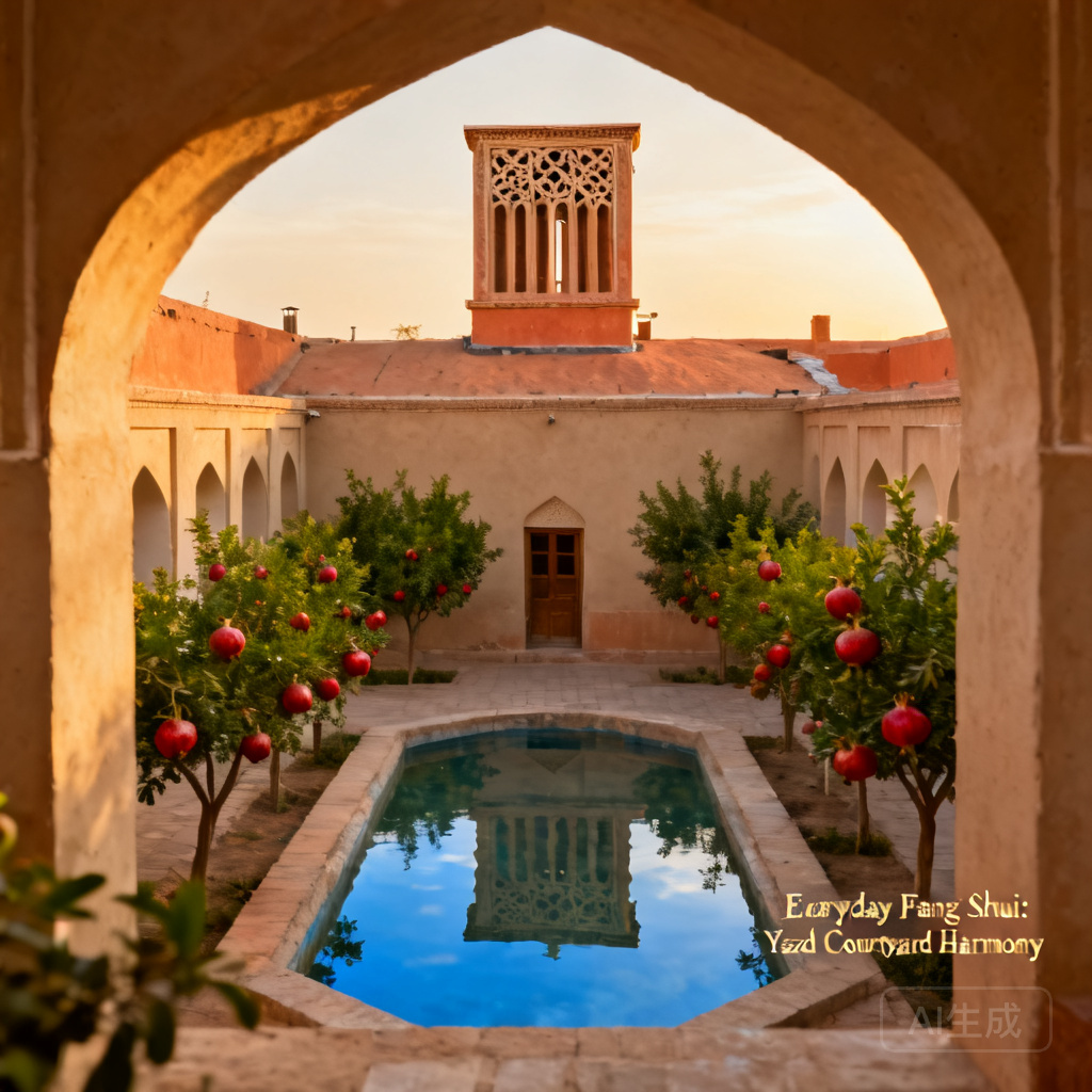 Close-up shot of a traditional Yazd courtyard house, with a badgir (windcatcher) on the roof, small central pond, and pomegranate trees planted along the walls
