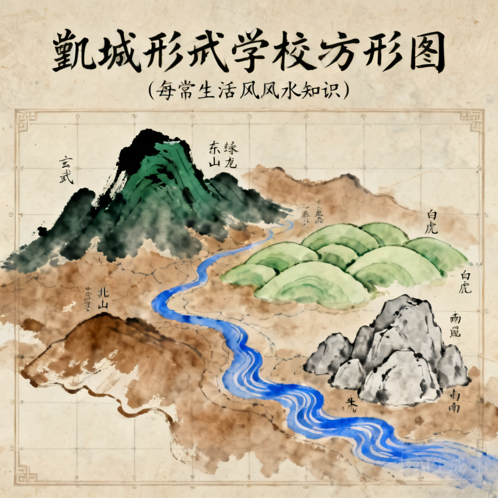 Annotated form school landform map of Kaesong, marking Xuan Wu northern mountain, Green Dragon eastern hills, White Tiger western hills, and Zhu Que southern river