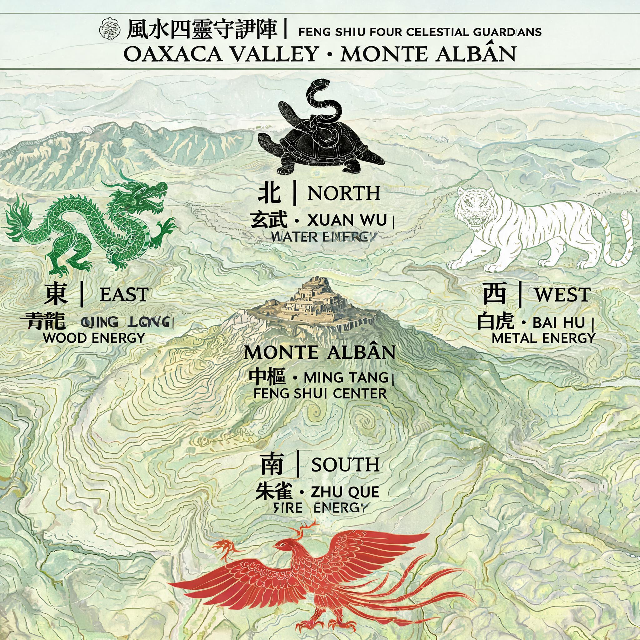 Diagram overlay of the four celestial guardians formation on a topographic map of the Monte Albán and Oaxaca Valley region