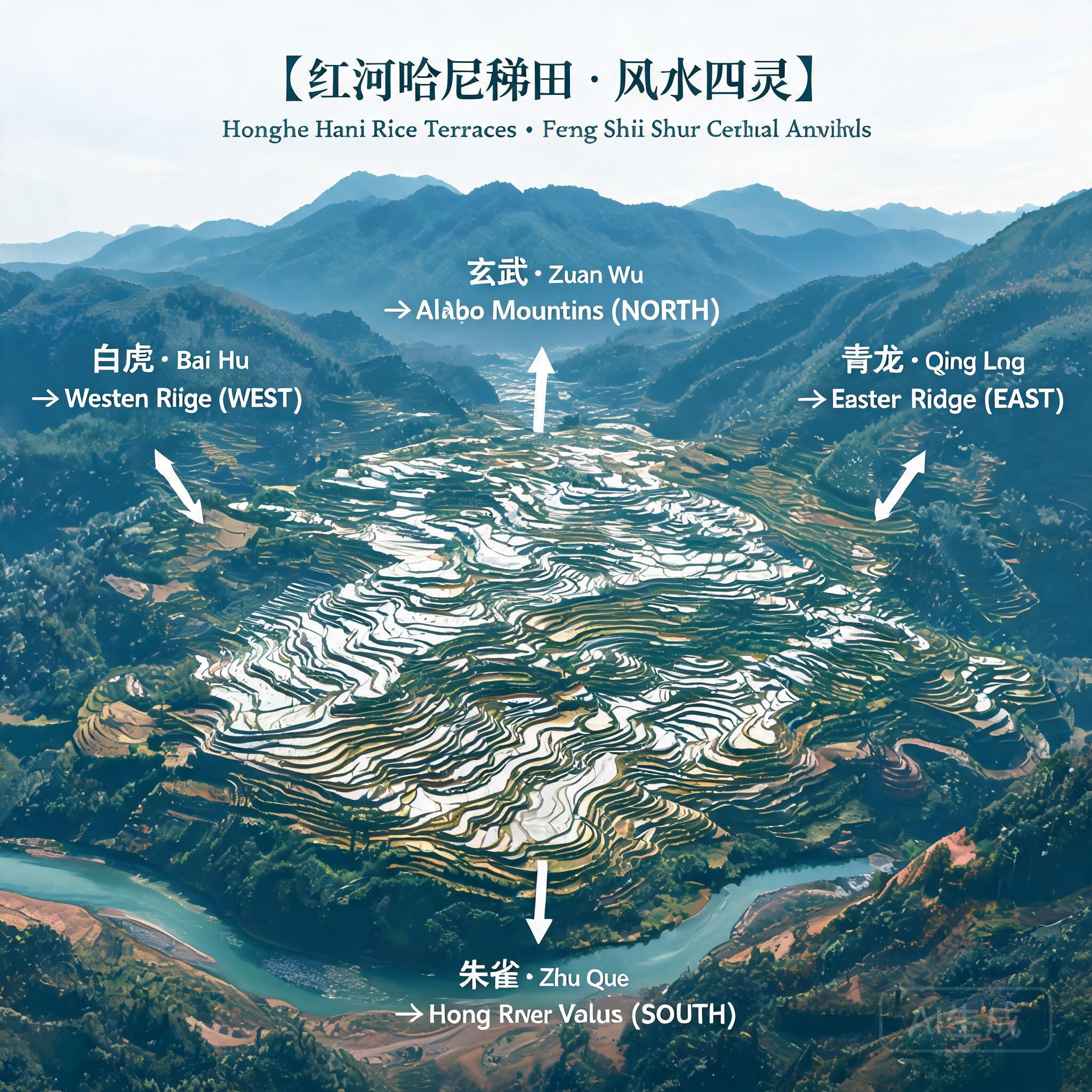標註四靈獸地貌特徵的紅河哈尼梯田空照標註圖:北側哀牢山(玄武)、東側山嶺(青龍)、西側山嶺(白虎)、南側紅河谷地(朱雀)