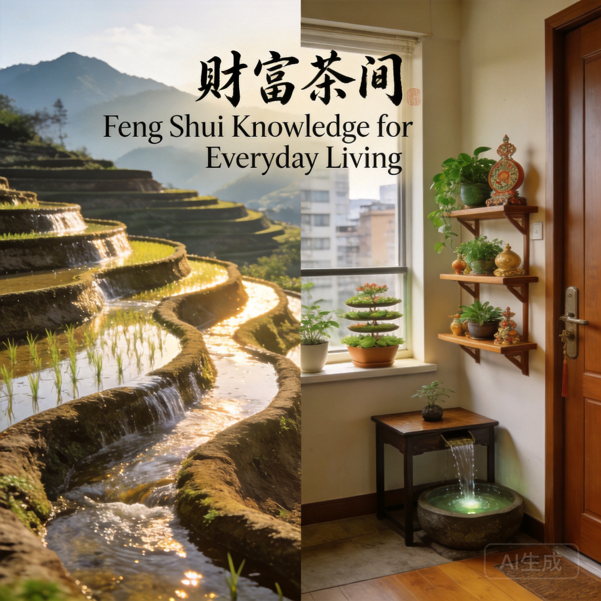 對比照片(左右並排):左側是哈尼分層梯田與流動灌溉水的特寫,右側是一間都市小公寓,財位擺有木質層架、窗檯上有分層盆栽、大門附近則有小型桌面水景